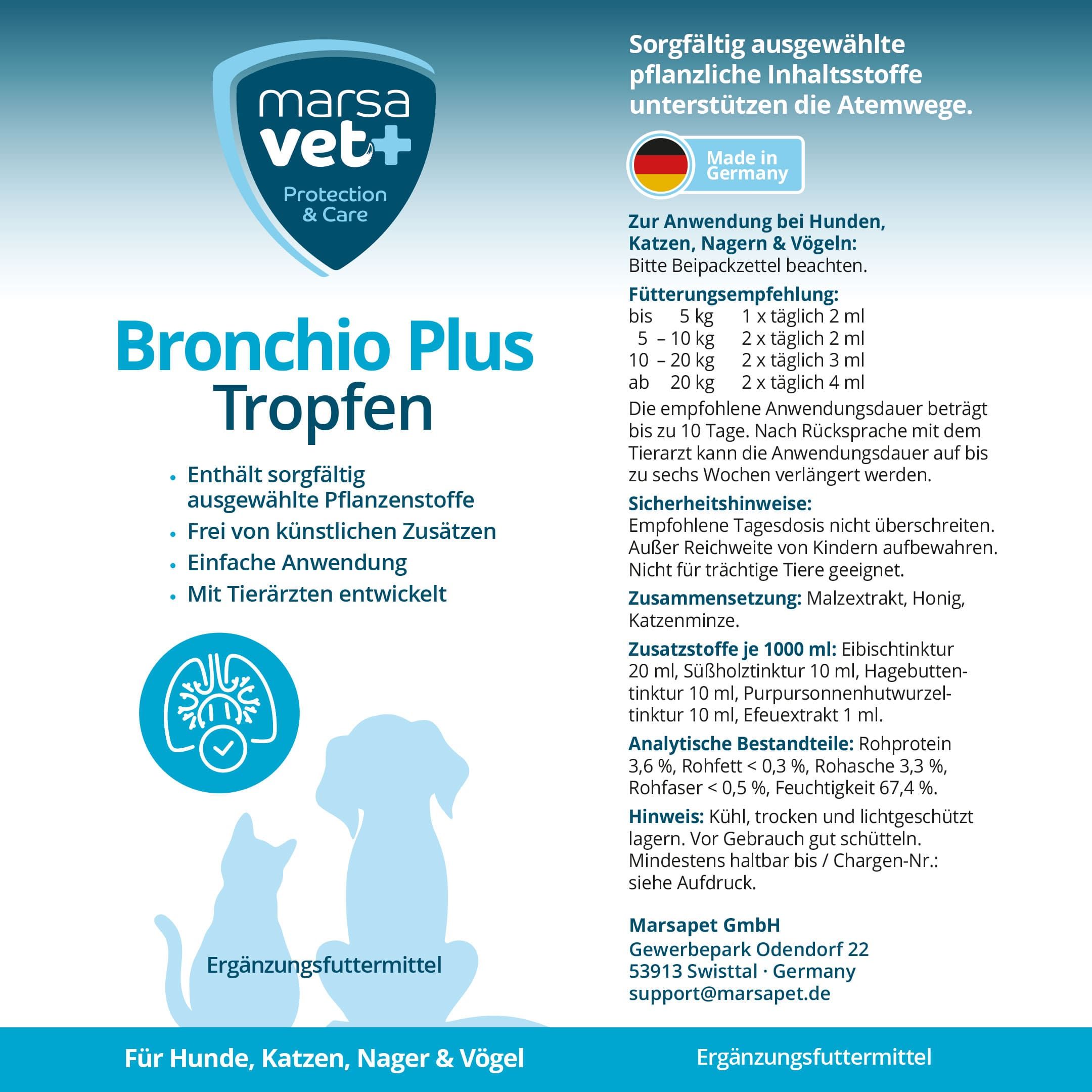 Tekstpagina met opschrift: Bronchio Plus Druppels. Logo Marsa Vet. Bevat informatie en ingrediënten.