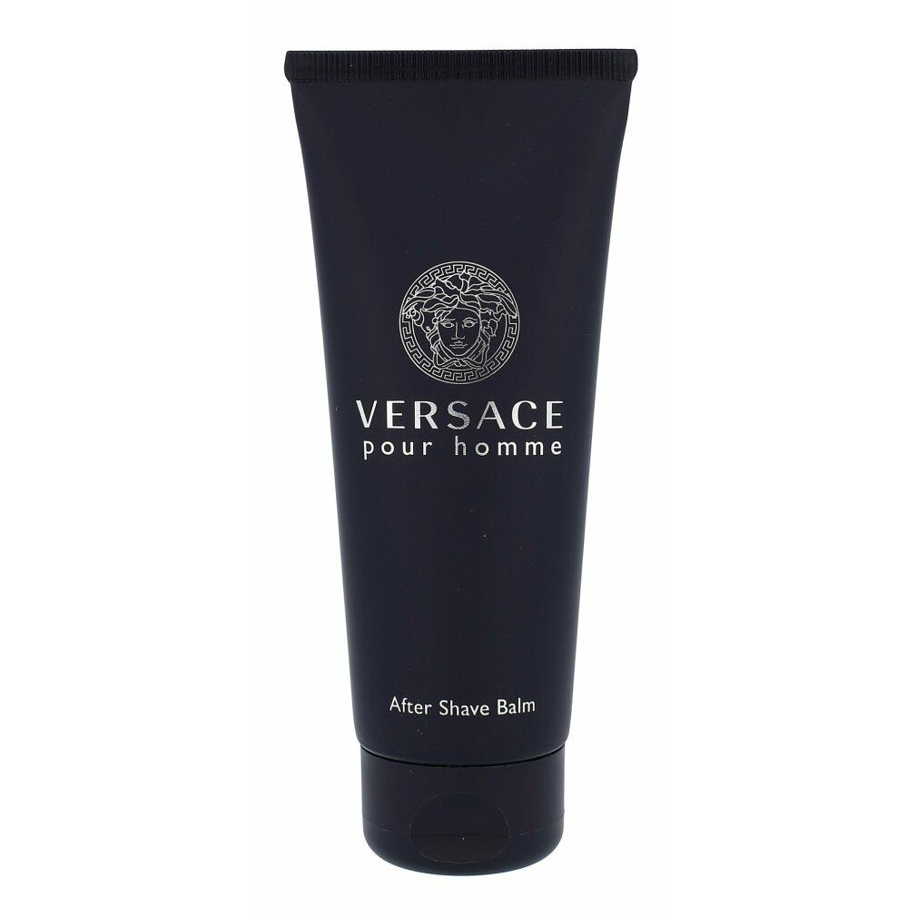Donkerblauwe tube. Opschrift: VERSACE pour homme, After Shave Balm. Zilveren logo en tekst.