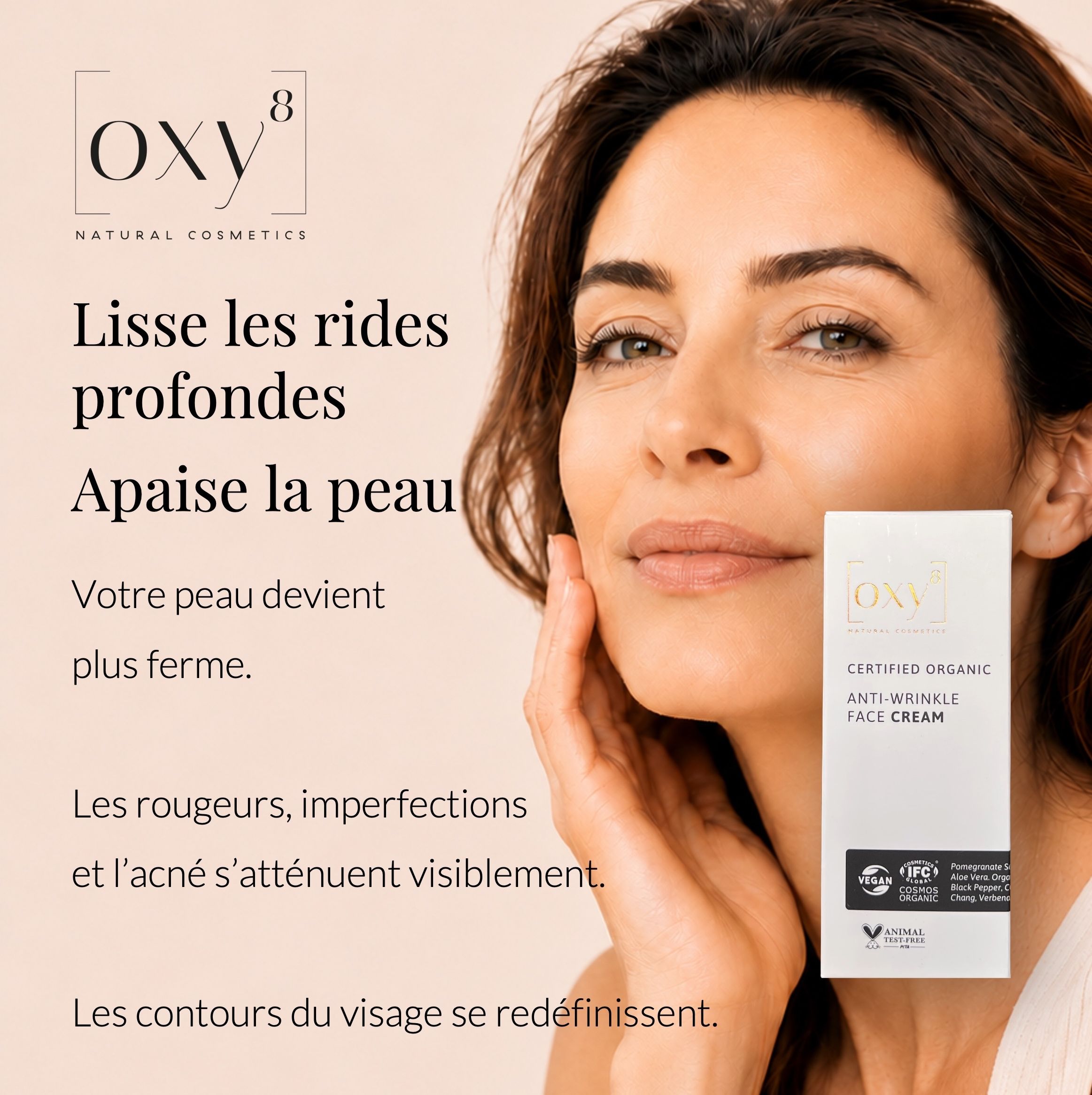 Femme touchant son visage. Texte: Les rides se creusent davantage ? Questions.