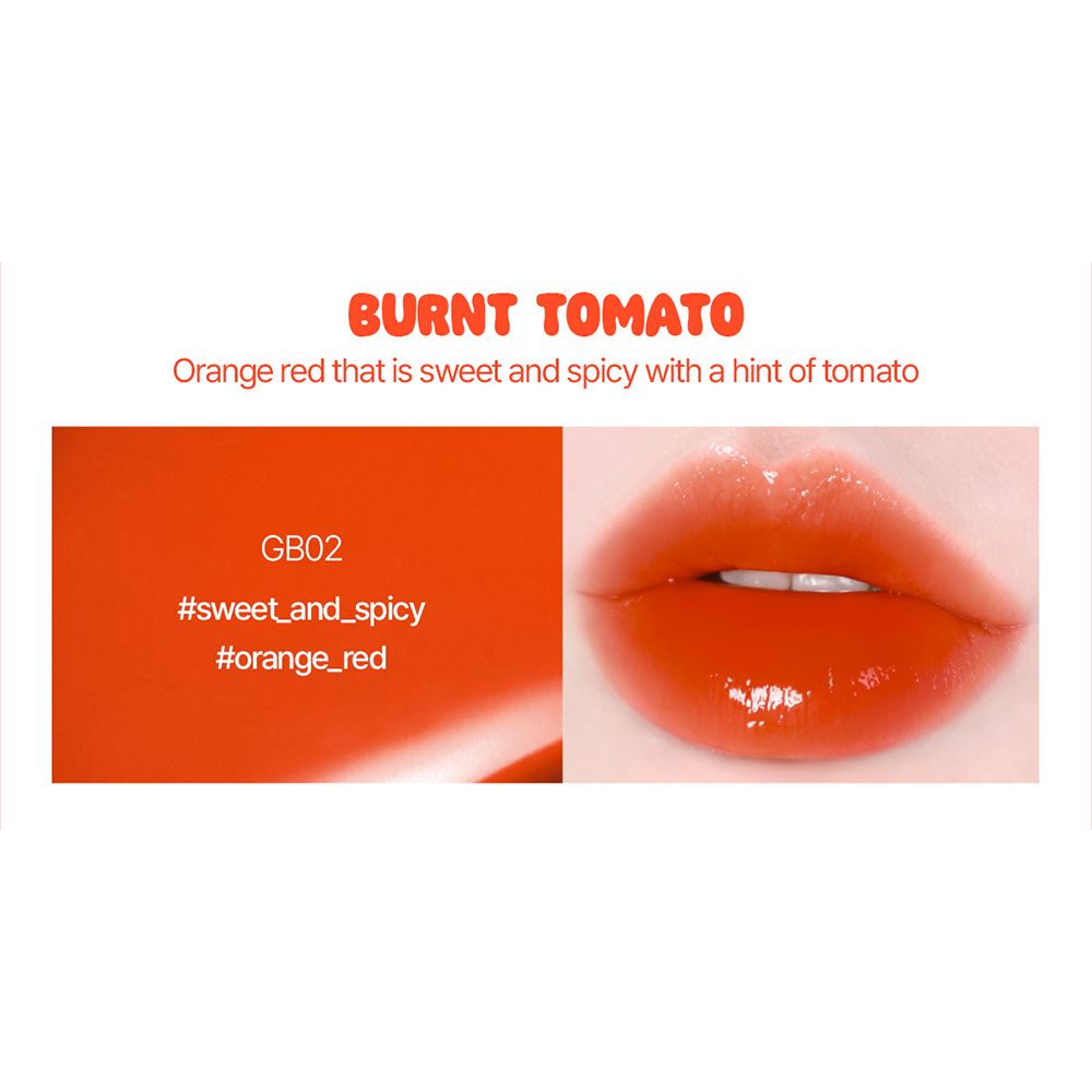 Gros plan d'un rouge à lèvres. Le texte se lit comme suit : BURNT TOMATO, GB02, #sweet_and_spicy, #orange_red. À côté, une image de lèvres.