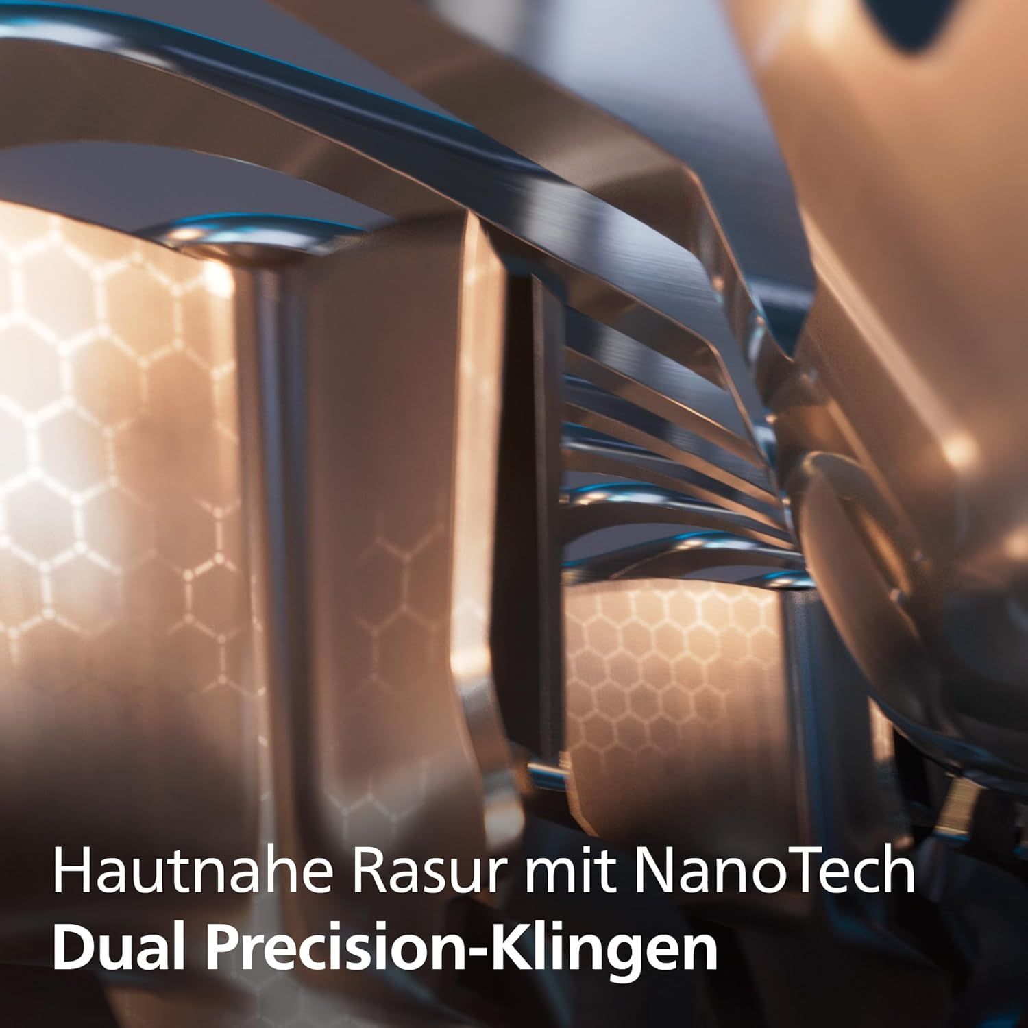 Gros plan des têtes de rasage. Lames NanoTech Dual Precision. Motif en nid d'abeille.