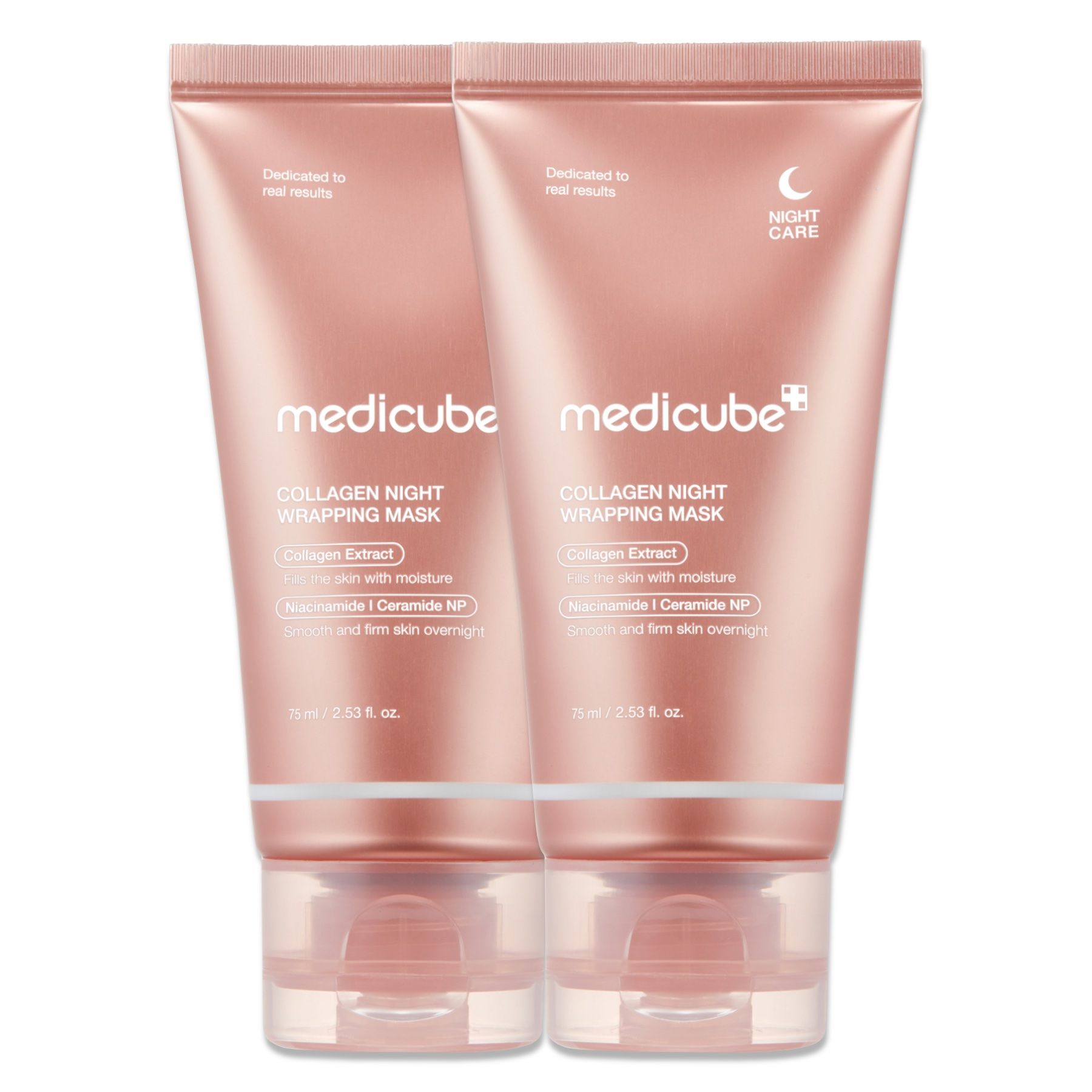 Deux tubes de Medicube Collagen Night Wrapping Mask couleur or rose.