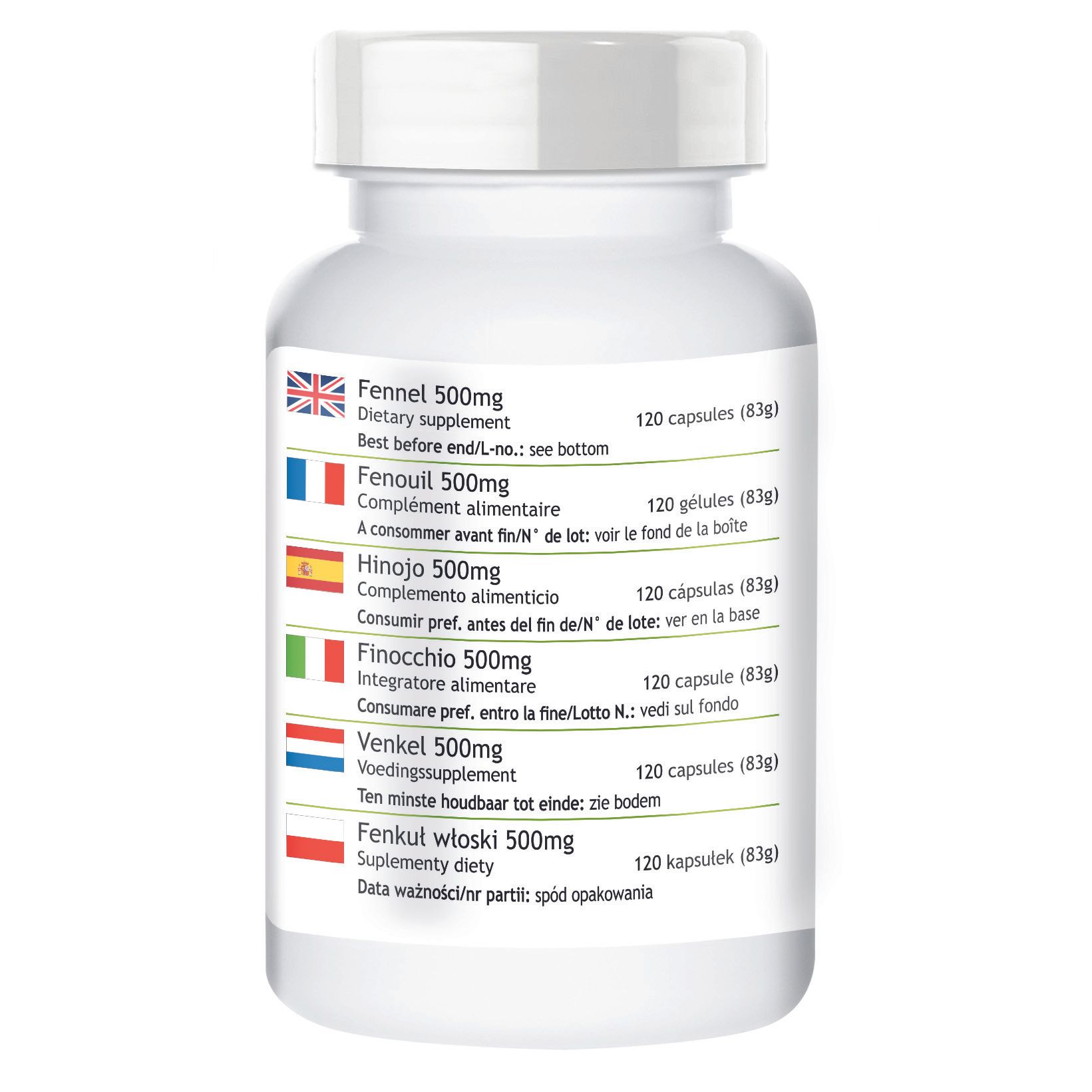 Dos du flacon. Informations multilingues: Fenouil 500mg, 120 gélules. Langues: anglais, français, espagnol, italien, néerlandais, polonais.