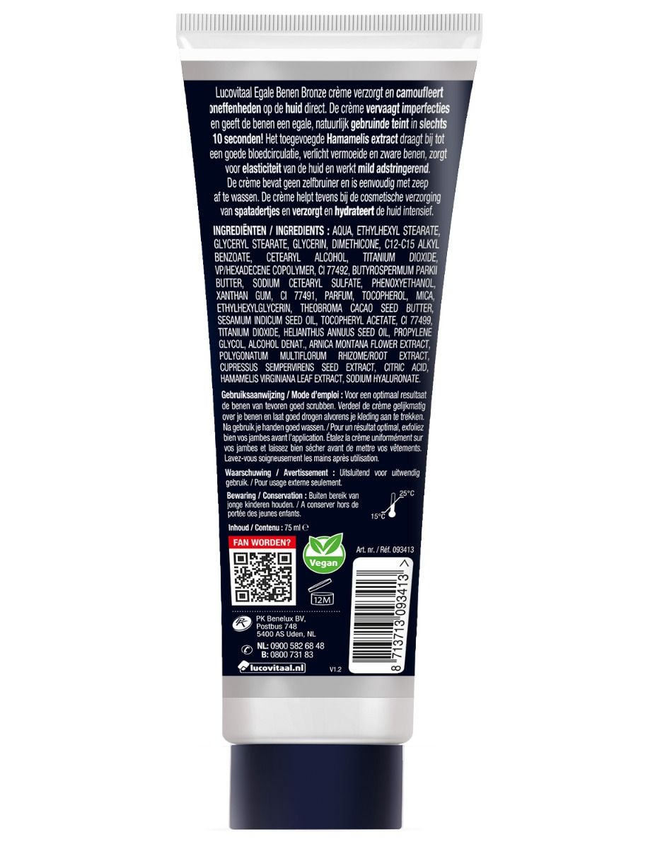 Achterkant van de tube "Lucovitaal Egale benen Bronze crème". Tekst met ingrediënten en informatie. Vegan keurmerk.