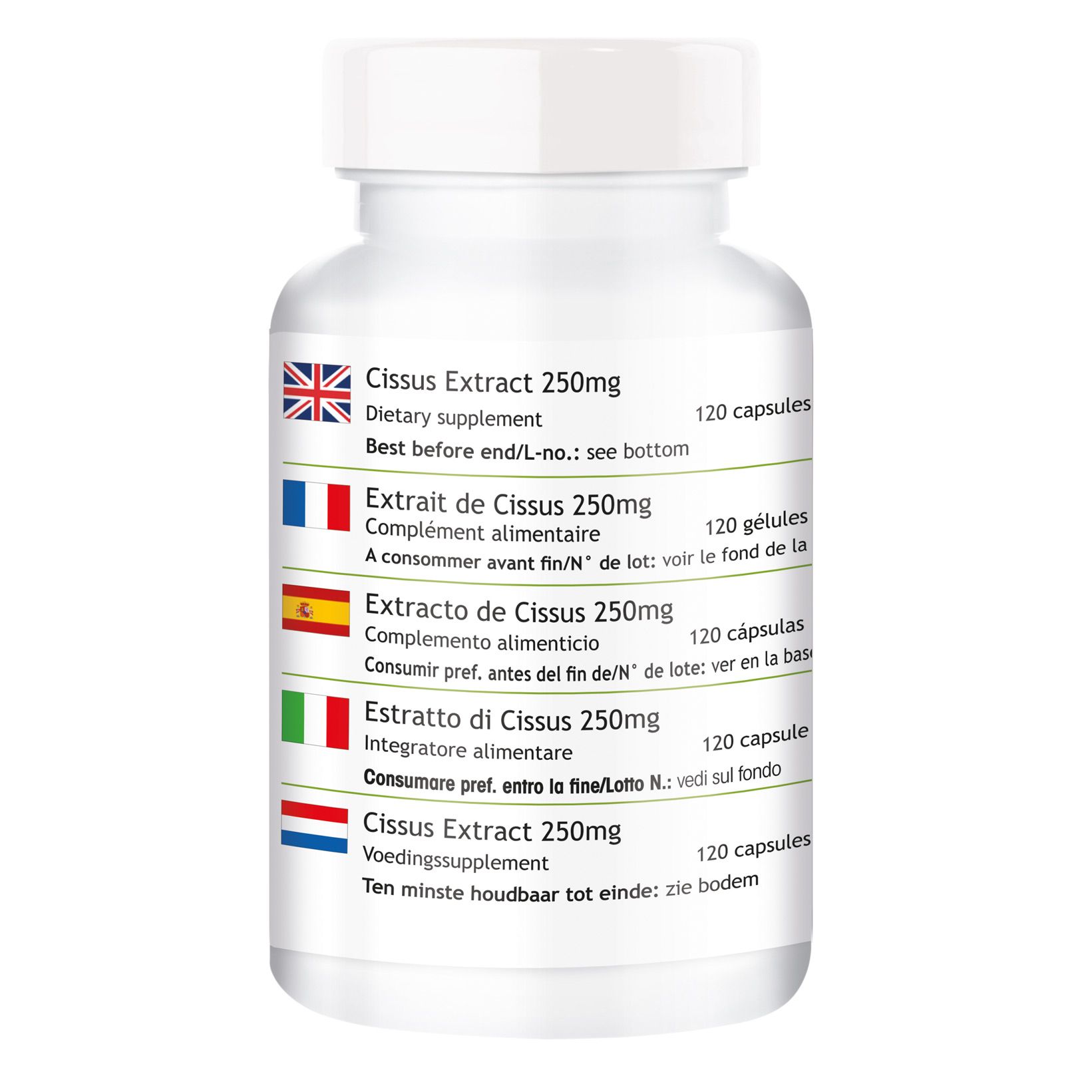 Achterkant van de fles. Meertalige informatie: Cissus Extract 250mg, Extrait de Cissus 250mg, Extracto de Cissus 250mg, Estratto di Cissus 250mg, Cissus Extract 250mg.