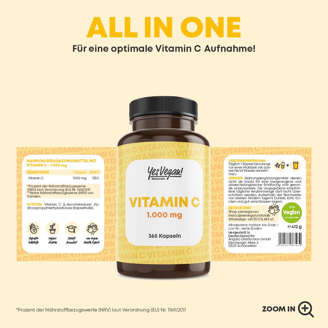 Fles met 365 vegane vitamine C capsules, 1000 mg per capsule. Jaarvoorraad.