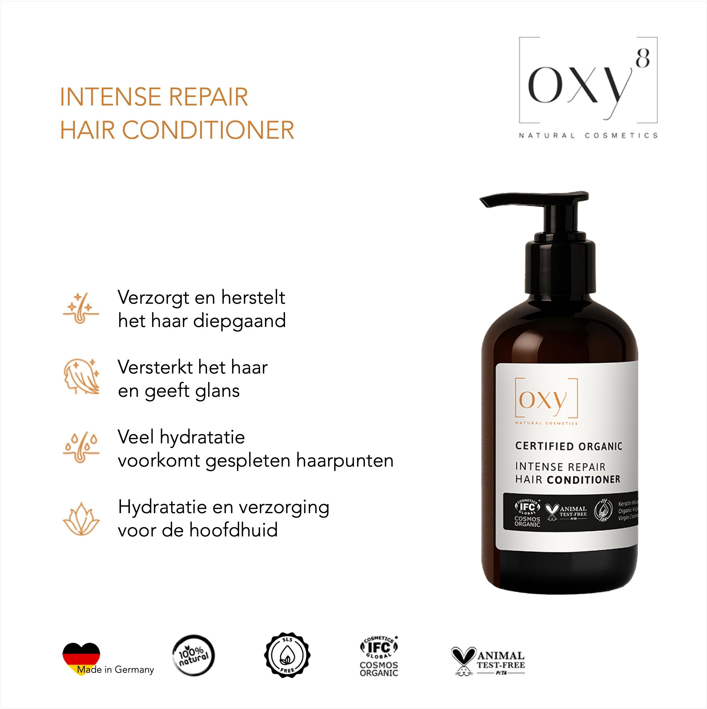 Productfles met tekst en iconen. Tekst: INTENSE REPAIR HAIR CONDITIONER. Iconen: Vegan, Bio, Dierproefvrij.