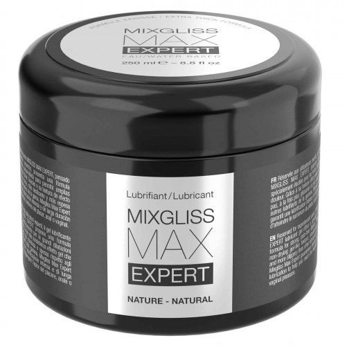 Pot noir avec étiquette blanche. Inscription: MIXGLISS MAX EXPERT. Couvercle avec logo. Texte: NATURE - NATURAL.