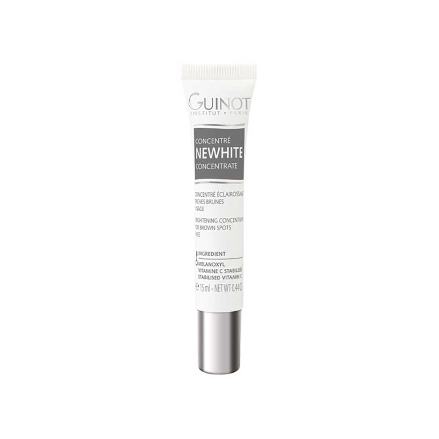 Tube Guinot Newhite Concentre. Tube blanc, bouchon argenté. Texte: Newhite, Concentre, 15ml.