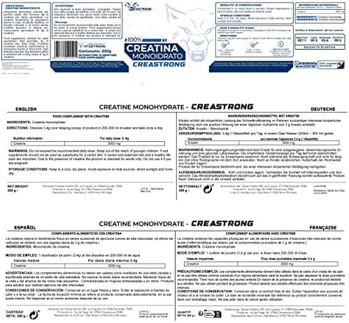 Étiquette avec informations produit. Contient textes anglais, allemand, espagnol et français. Nom: Créatine Monohydrate Creastrong.