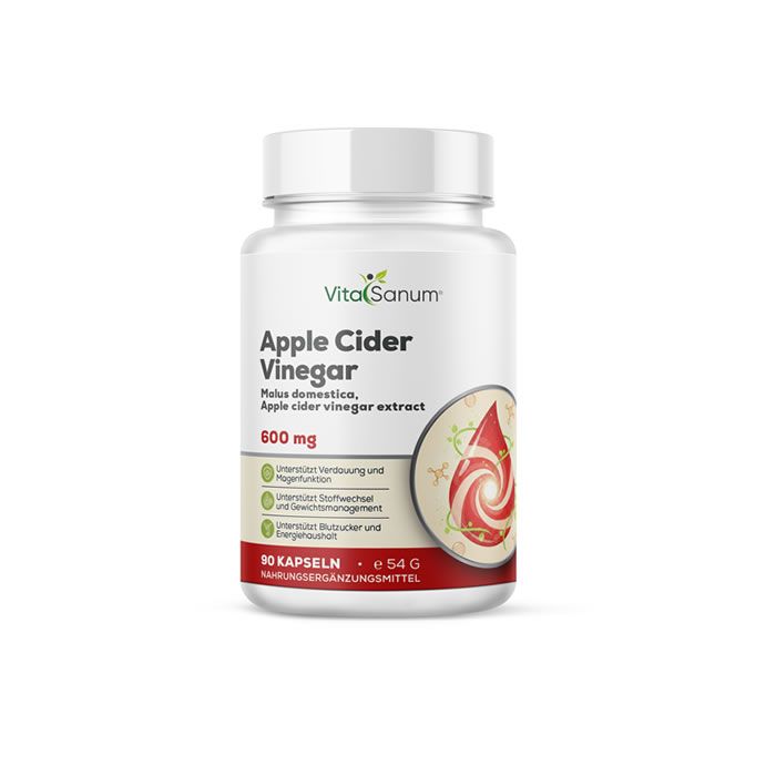 VitaSanum® fles met appelcider azijn capsules. Witte pot met witte deksel. Opschrift: Apple Cider Vinegar, 600 mg, 90 capsules.