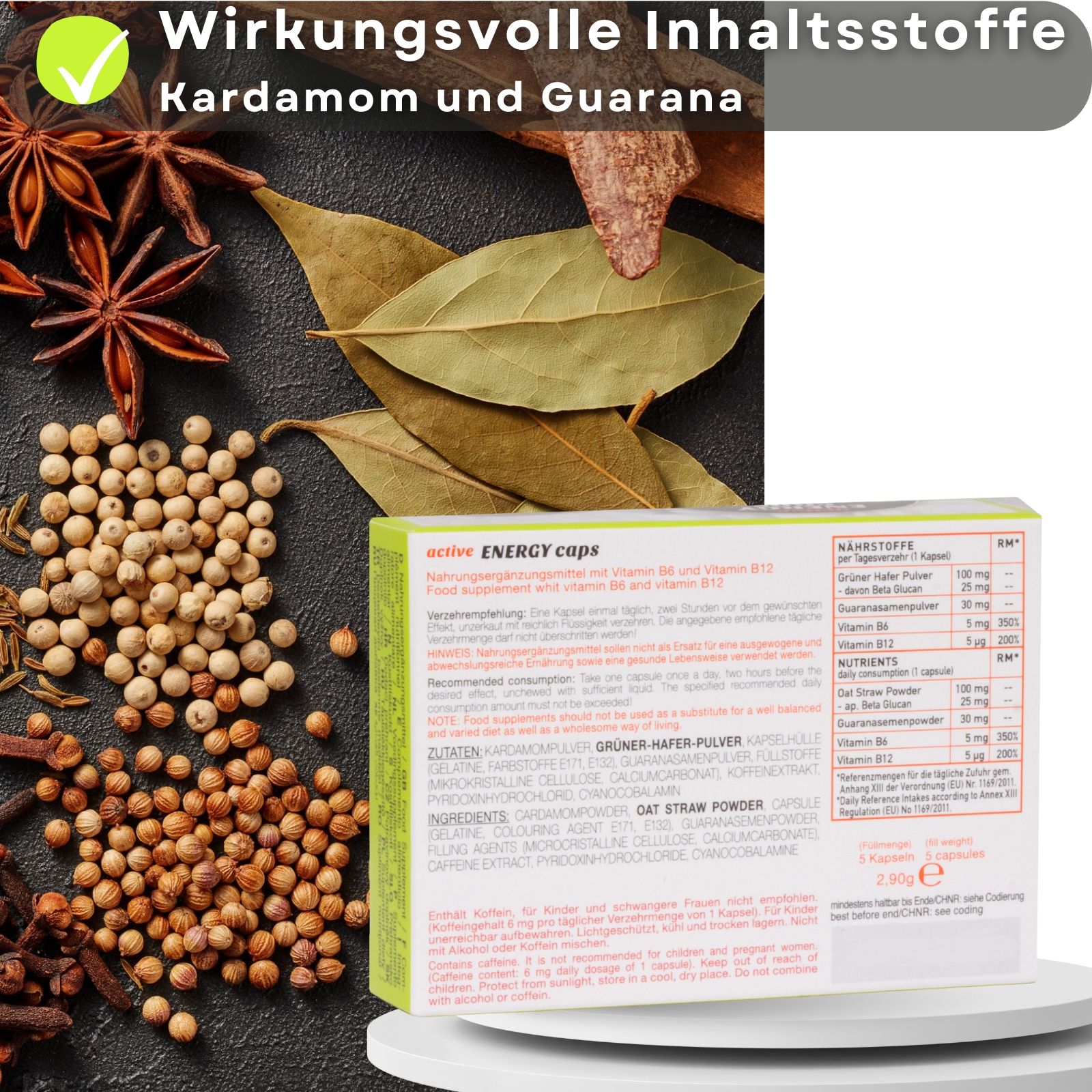 Achterkant van de verpakking "Ero active ENERGY caps" met voedingsinformatie.