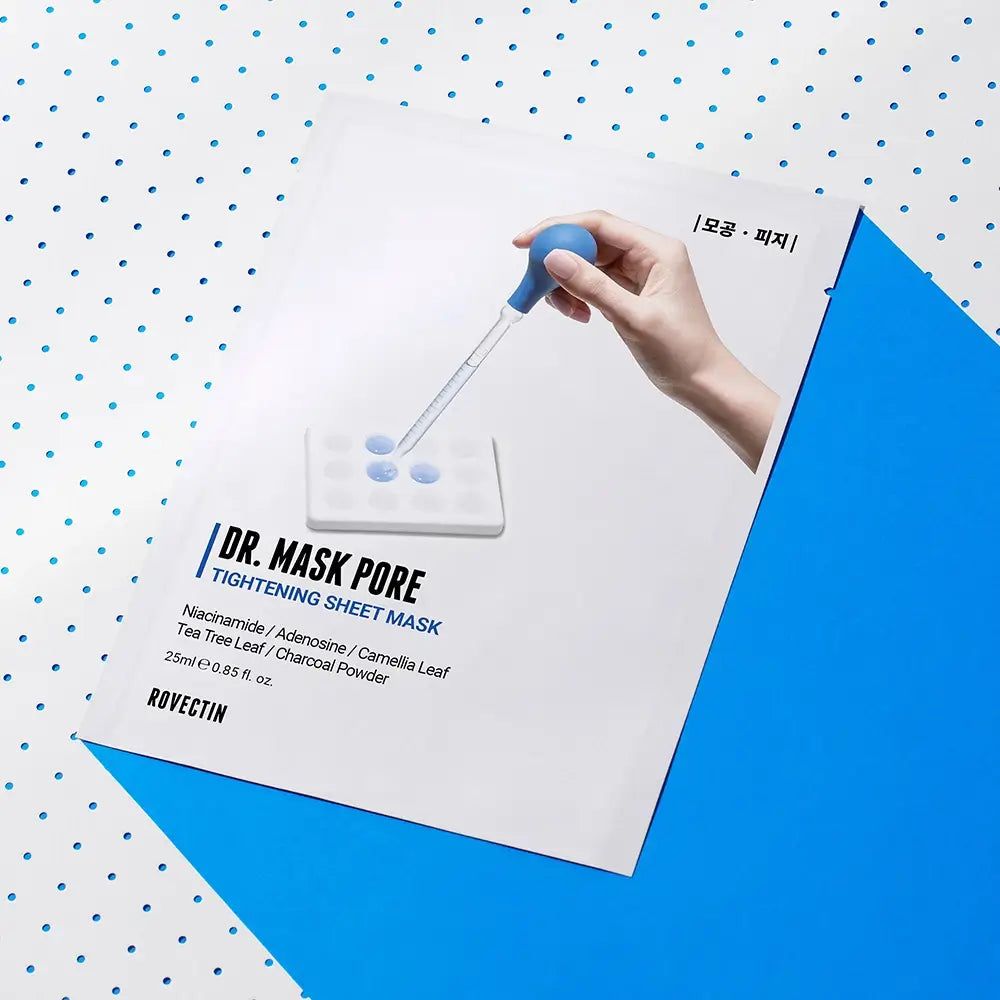 ROVECTIN DR. Mask Pore Tightening Sheet Mask, verpakt en op een blauwe achtergrond met stippen.