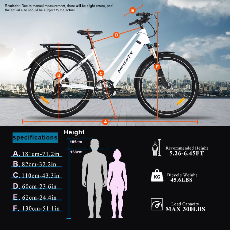 Vélo électrique blanc HedaTX TX10. Dimensions et spécifications: hauteur 185 cm, poids 45,6 lbs, capacité max. 300 lbs. Taille recommandée: 5.26-6.45FT.