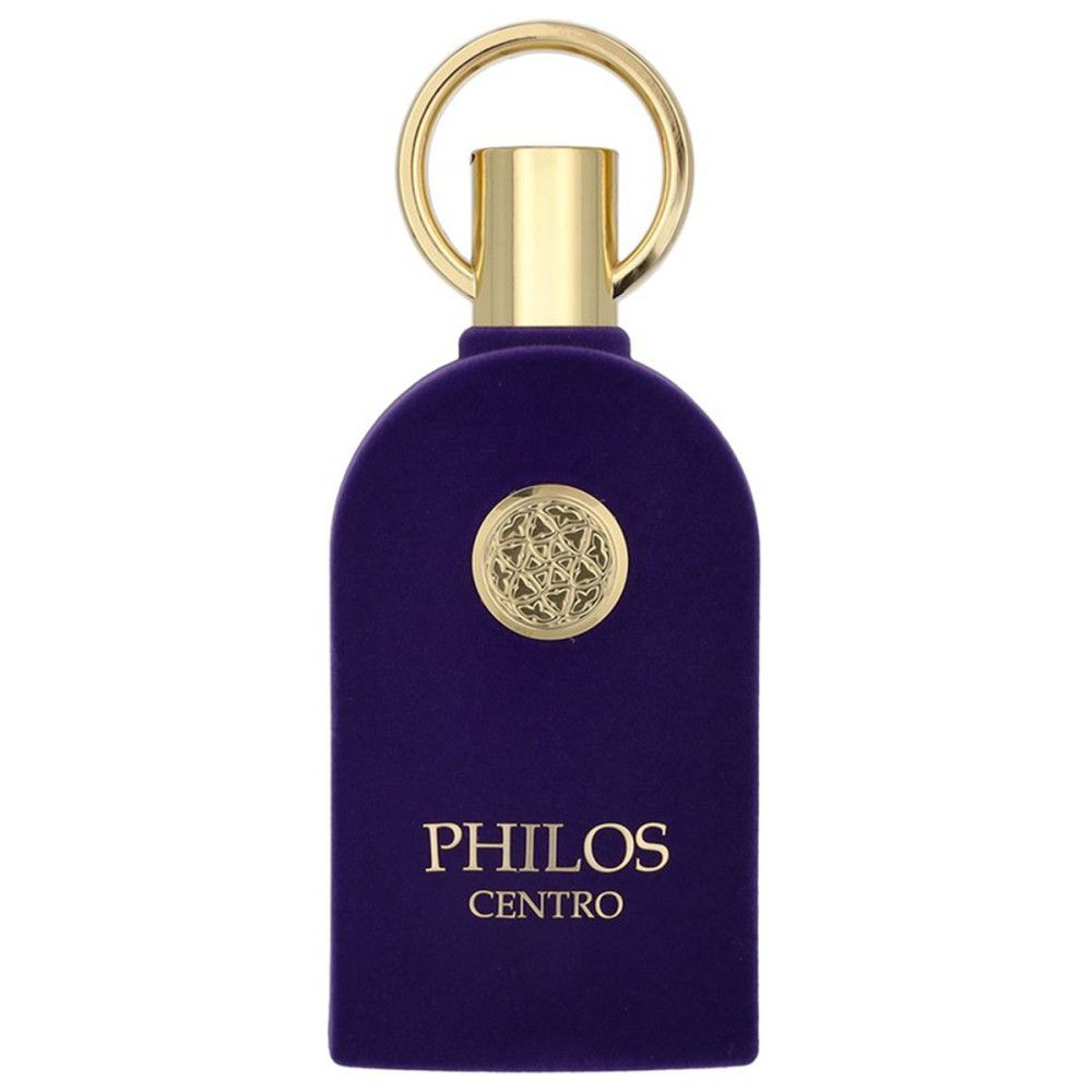 Flacon violet foncé avec bouchon et anneau dorés. Inscription: Philos Centro Eau de Parfum. Emblème rond doré.