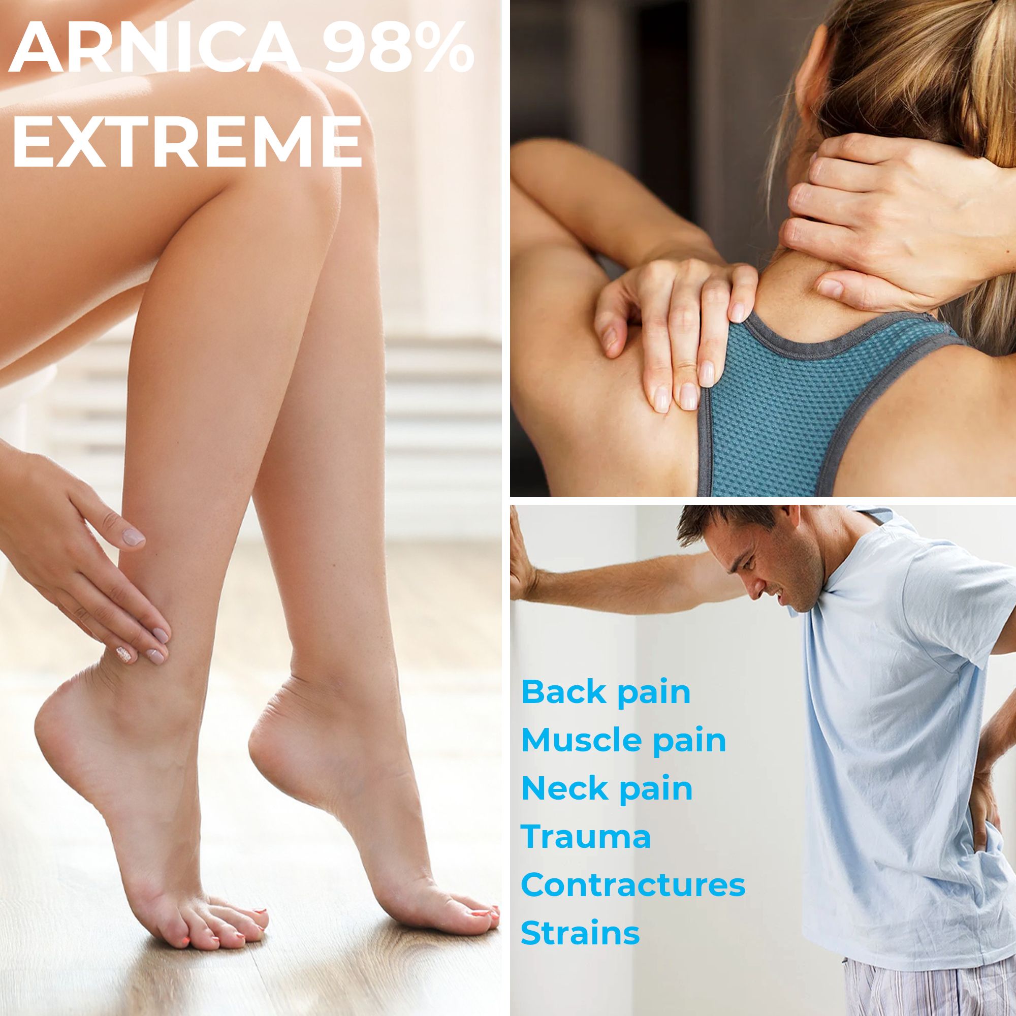 Pot Arnica 98% Estrema met symbool voor verkoelend effect en massage.