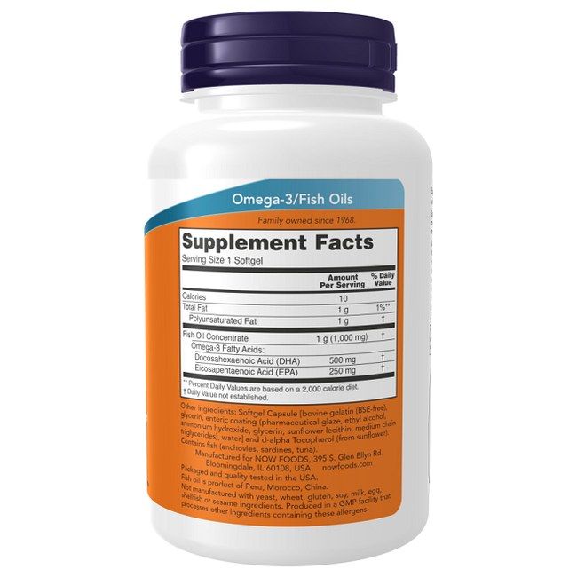 Dos de la bouteille avec informations nutritionnelles pour Now Foods DHA-500 Huile de poisson.
