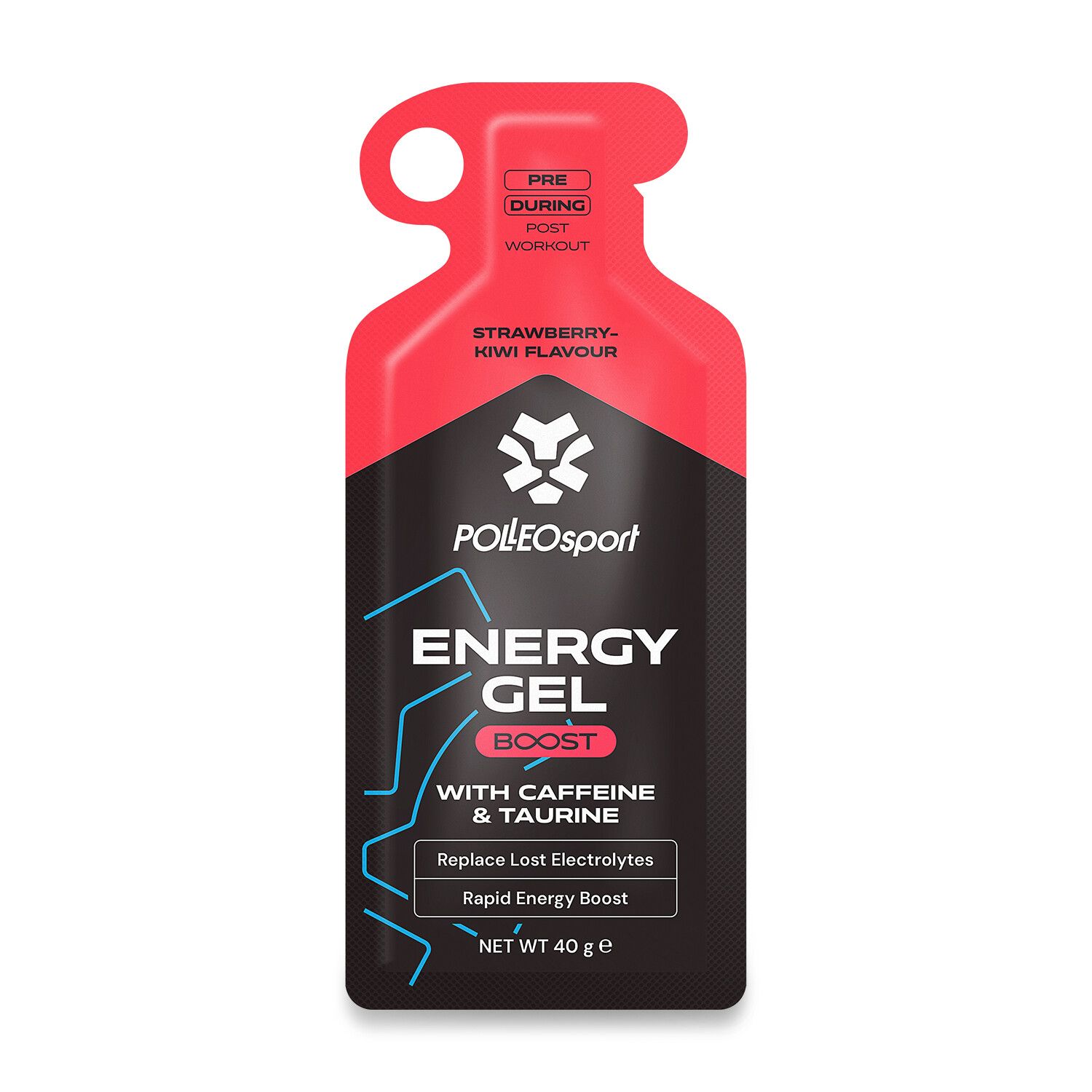 Sachet individuel de PolleoSport Energy Gel. Emballage rouge et noir avec informations produit et logo. Goût fraise-kiwi.