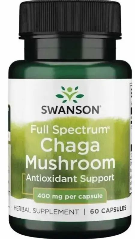 Flacon vert avec bouchon noir. Inscription: SWANSON, Chaga Mushroom, 400 mg par capsule, 60 capsules. Complément à base de plantes.