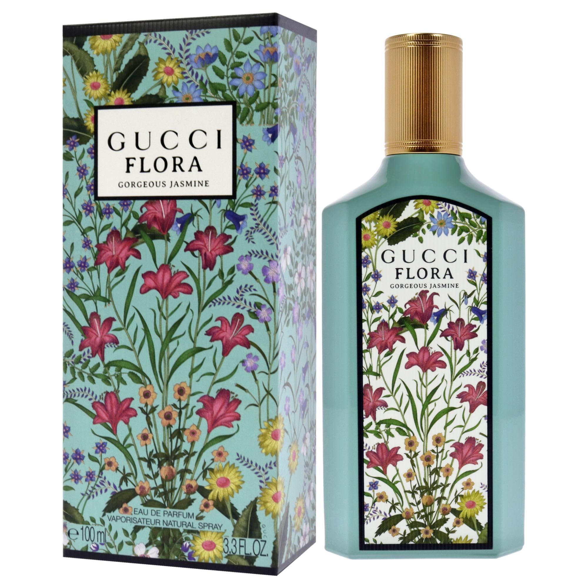 Fles en doos met bloemenpatroon. Opschrift: Gucci Flora Gorgeous Jasmine. 100ml. FSC-logo.