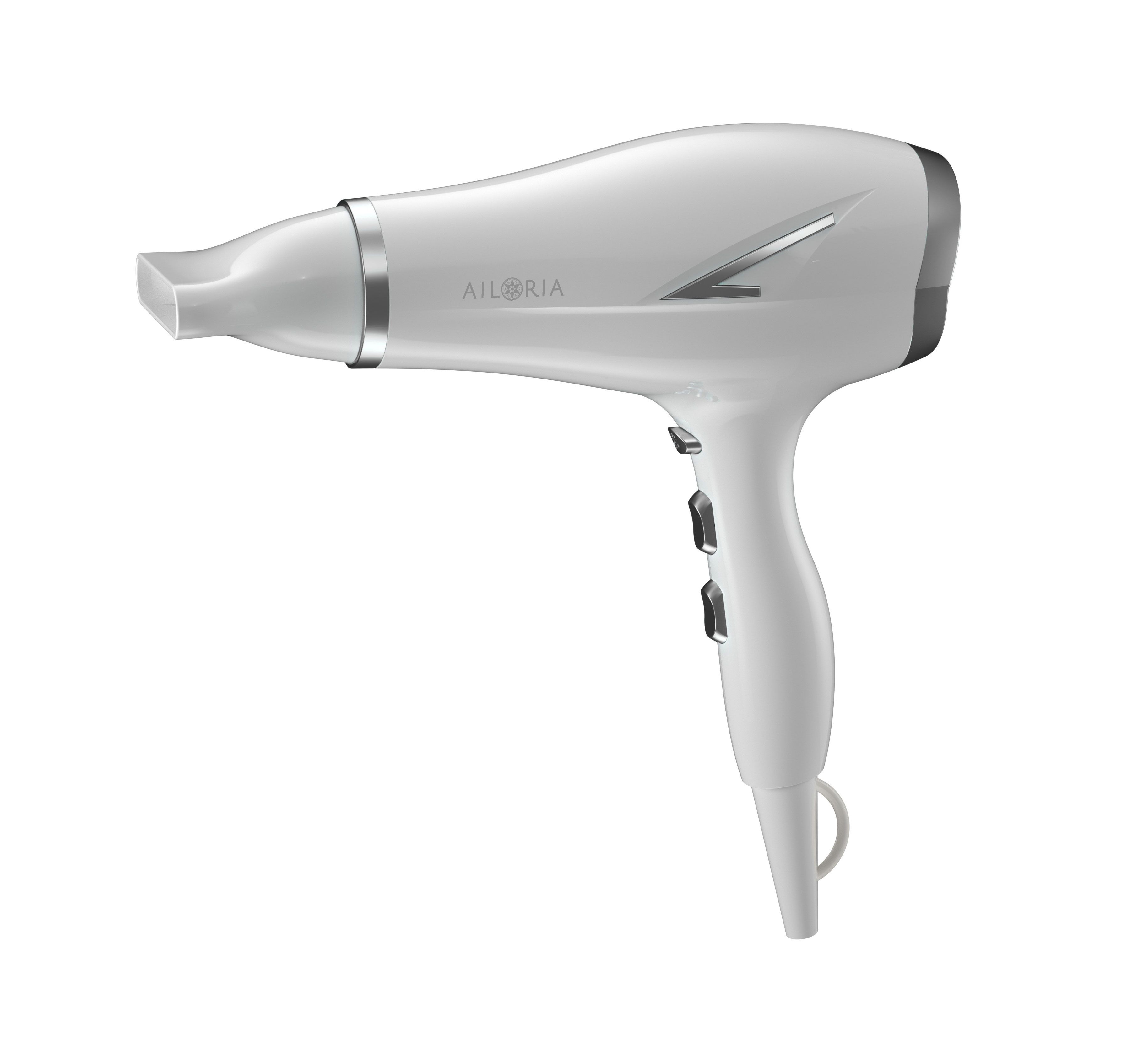 Witte haardroger met AILORIA-logo. Drie schakelaars op de handgreep. Mondstuk en achterkant grijs. Verlichting.