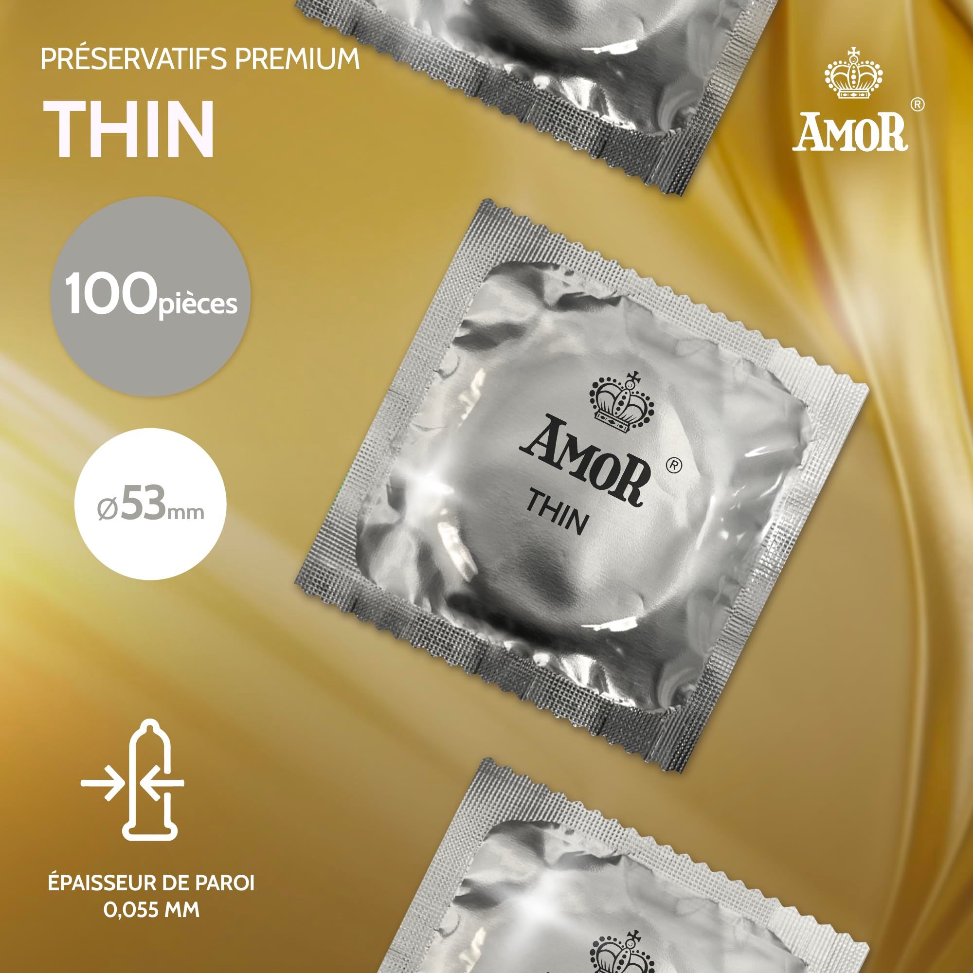 Trois préservatifs Amor Thin emballés individuellement sur un fond doré et fluide. À gauche, informations produit : 100 pièces, diamètre 53mm, épaisseur 0,055mm.