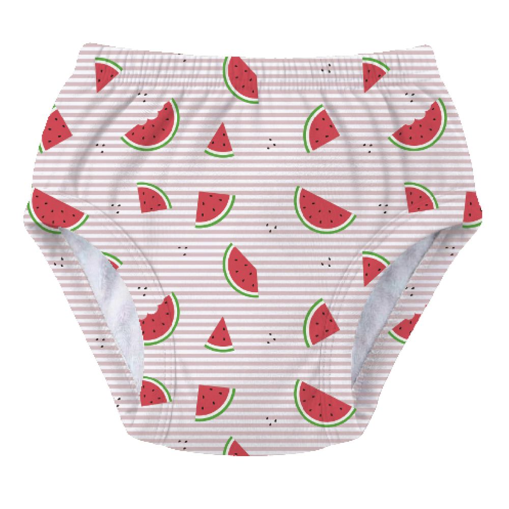 Culotte d'apprentissage rose avec motifs pastèques. Rayures horizontales. Marque : Kikido.