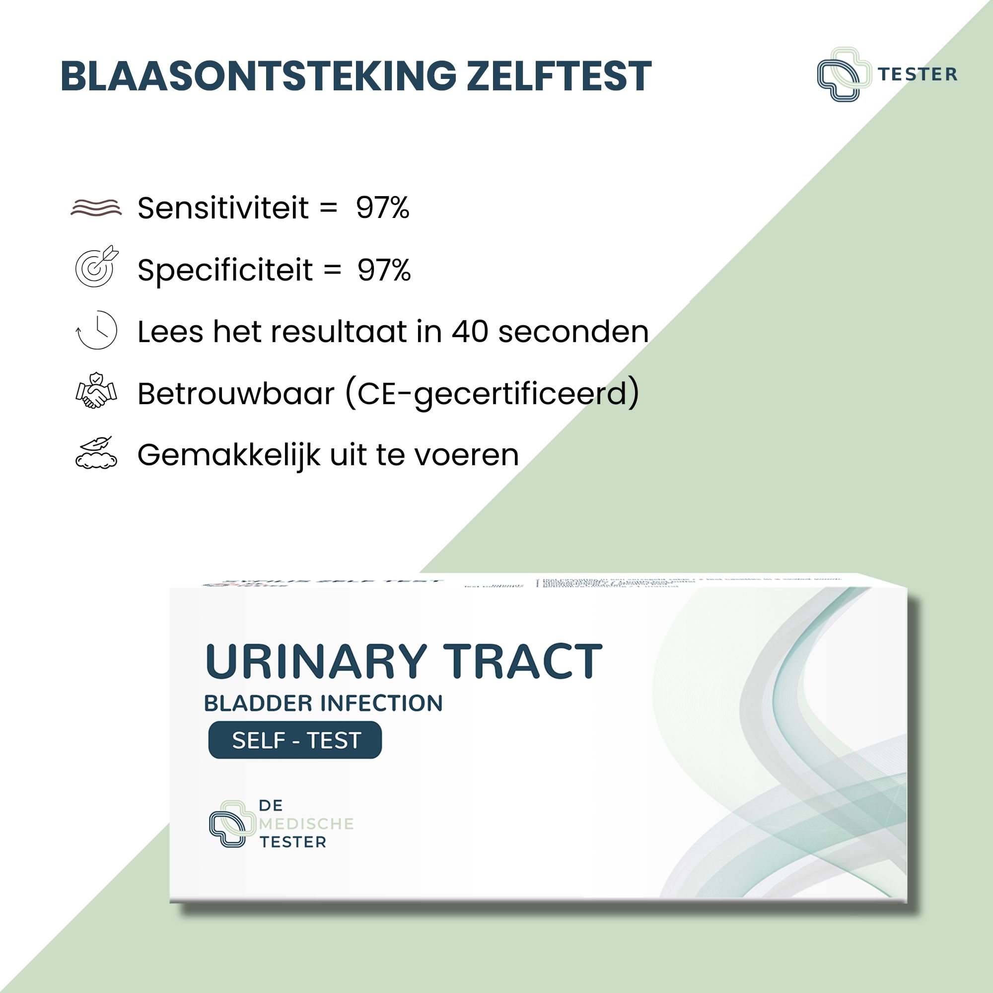 Infographie avec texte : Sensibilité 97%, Spécificité 97%, résultat en 40 secondes, fiable (certifié CE), facile à réaliser. Emballage produit.