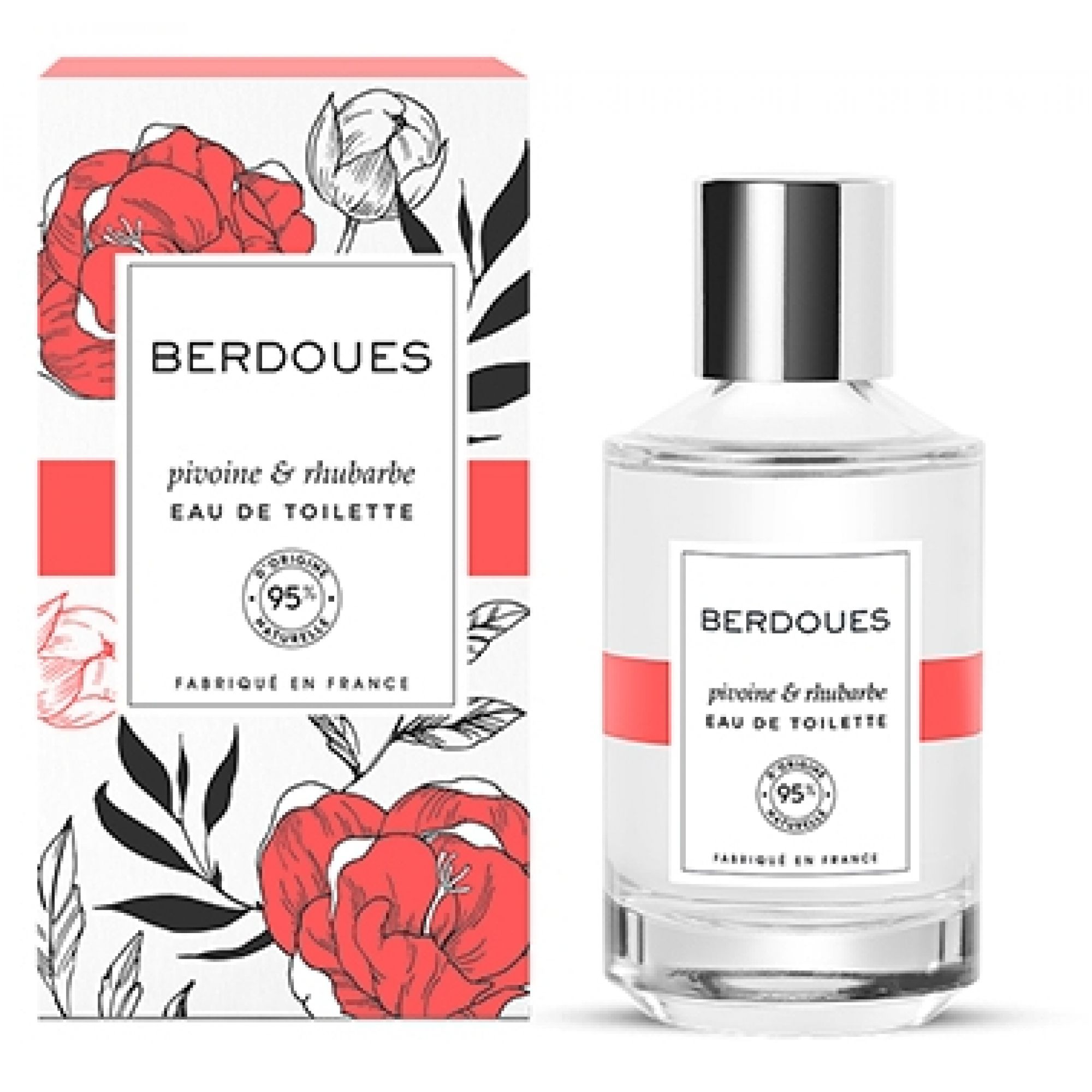 Flacon et emballage de parfum sur le thème pivoine et rhubarbe. Berdoues Pivoine & Rhubarbe Eau de Toilette.