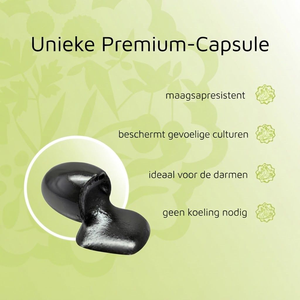 Een zwarte, glanzende capsule met een unieke vorm, weergegeven op een lichtgroene achtergrond met bladerenpatroon.