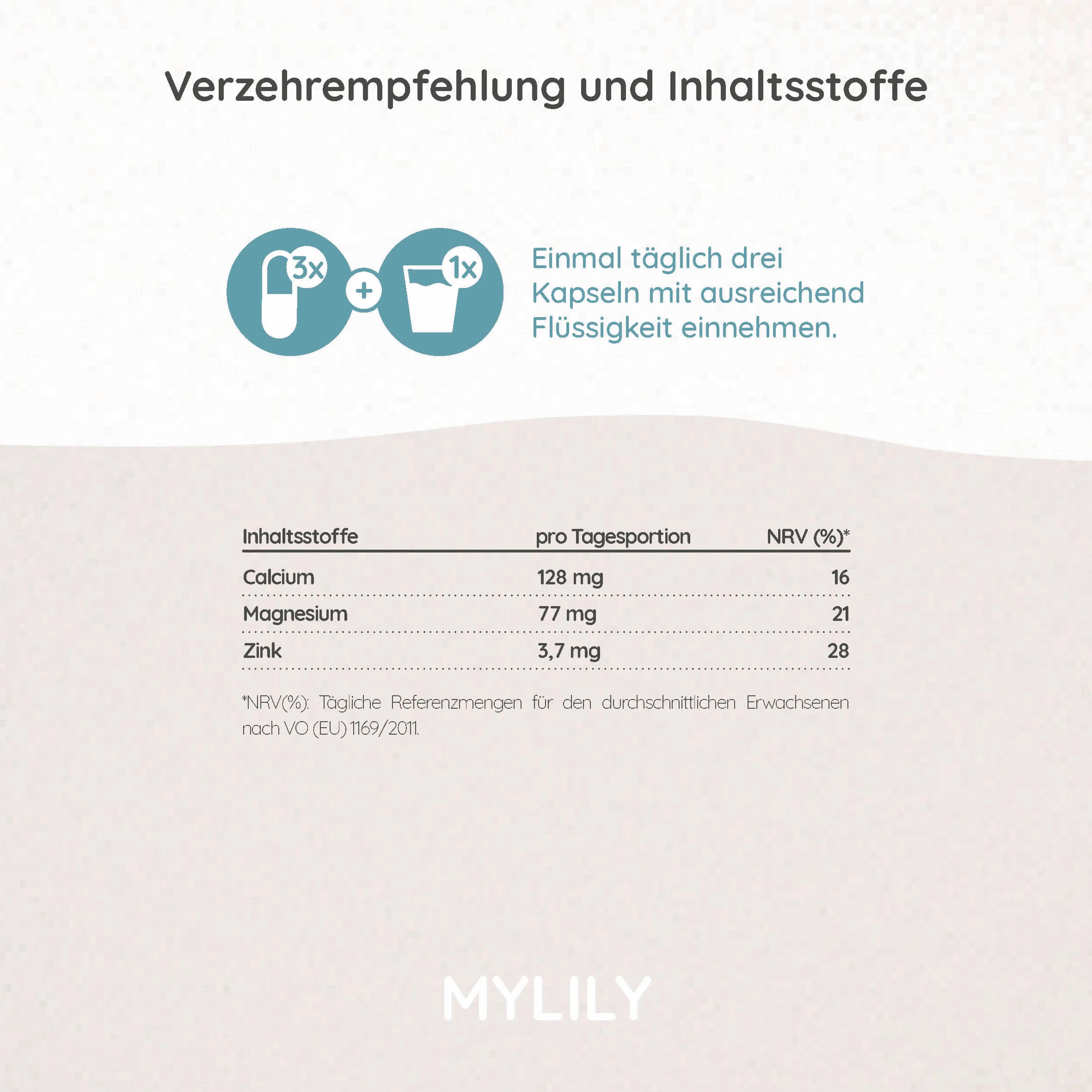 Tabel met ingrediënten: Calcium, Magnesium, Zink. Dagelijkse dosering en NRV-waarden. Inname aanbeveling: 3 capsules met vloeistof.