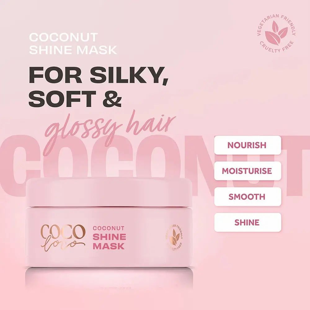 Roze pot Coco Loco, Coconut Shine Mask. Tekst: Voor zijdezacht, zacht & glanzend haar. Vegan.