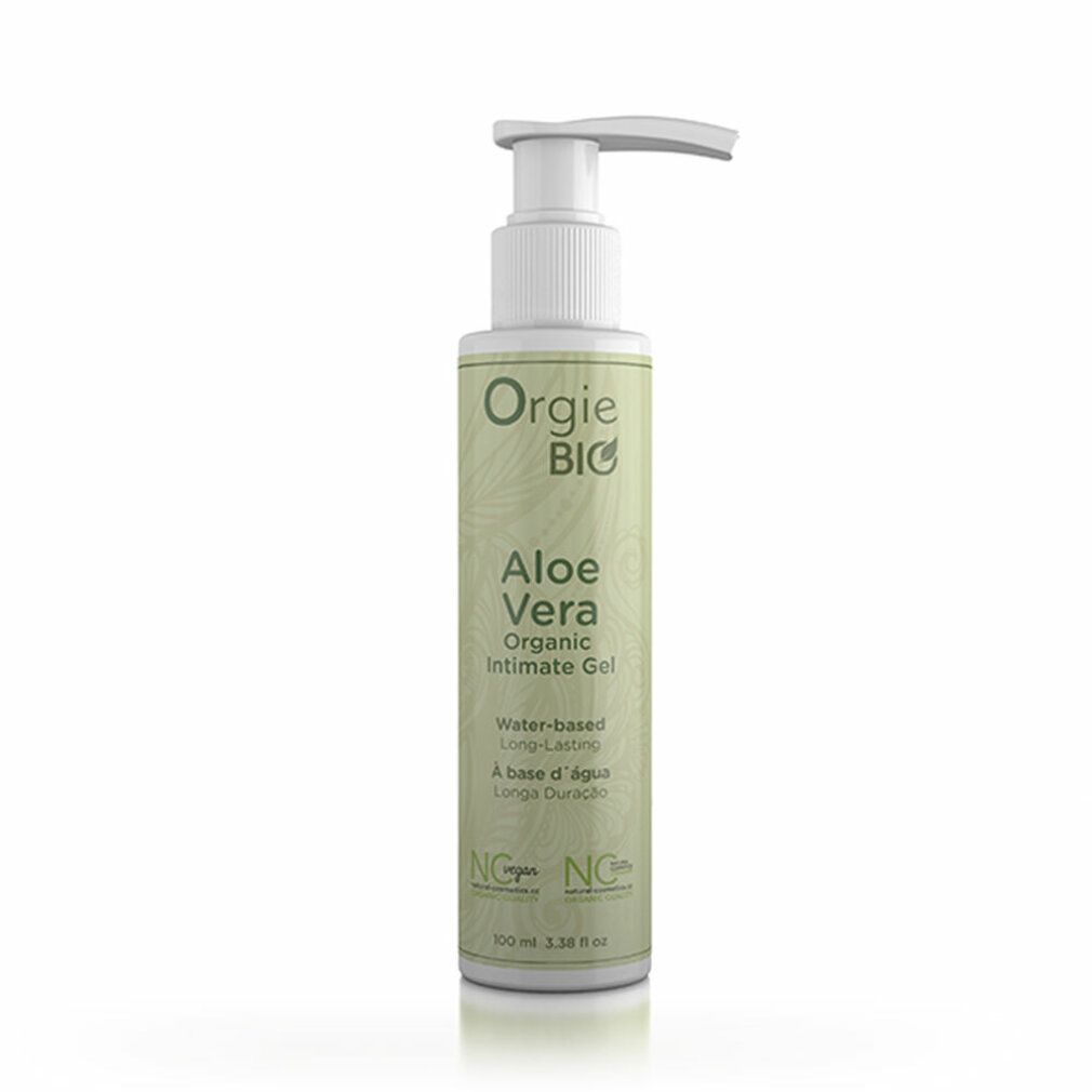 Fles met pomp. Opschrift: Orgie BIO Aloe Vera Organic Intimate Gel. Op waterbasis, langdurig.