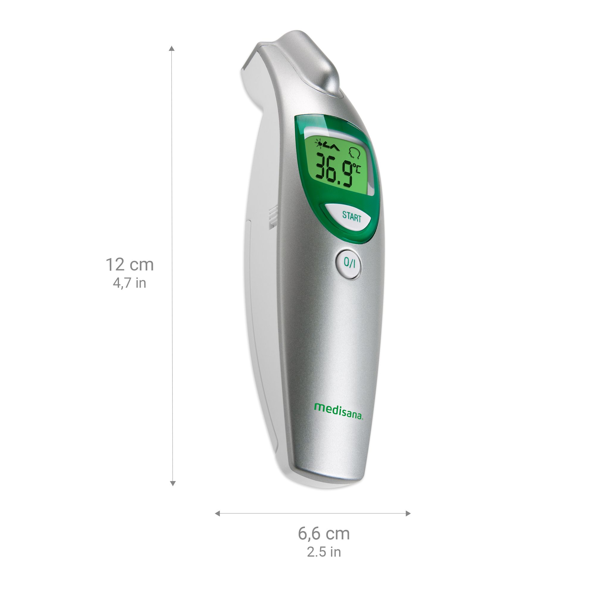 Contactloze thermometer. Afmetingen: 12 cm hoog, 6,6 cm breed. Zilverkleurig met groen display. Merk: medisana.