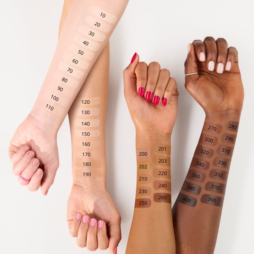 Bras avec échantillons de fond de teint en différentes teintes. Numéros à côté des bandes.