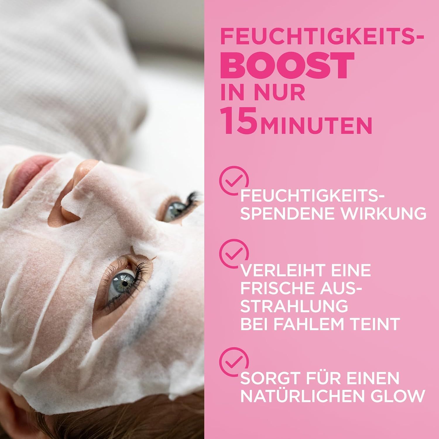 Persoon met gezichtsmasker. Tekst: Hydratatie boost in slechts 15 minuten. Hydraterend effect.