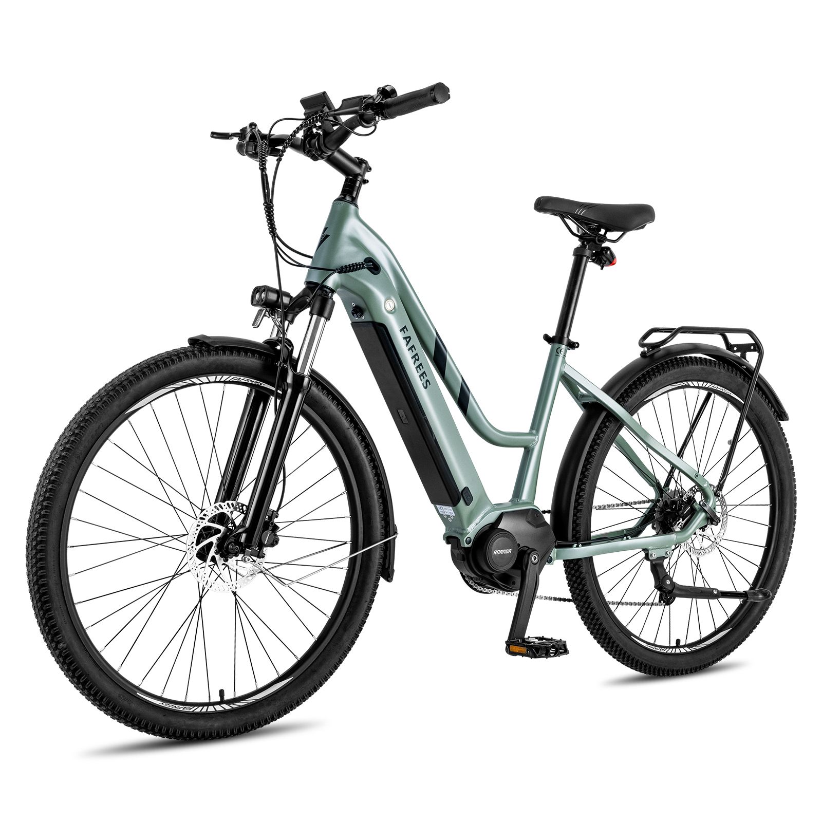 Lichtgroene e-bike met centrale motor. Zwarte banden, spatborden en bagagedrager. Merk FAFREES.