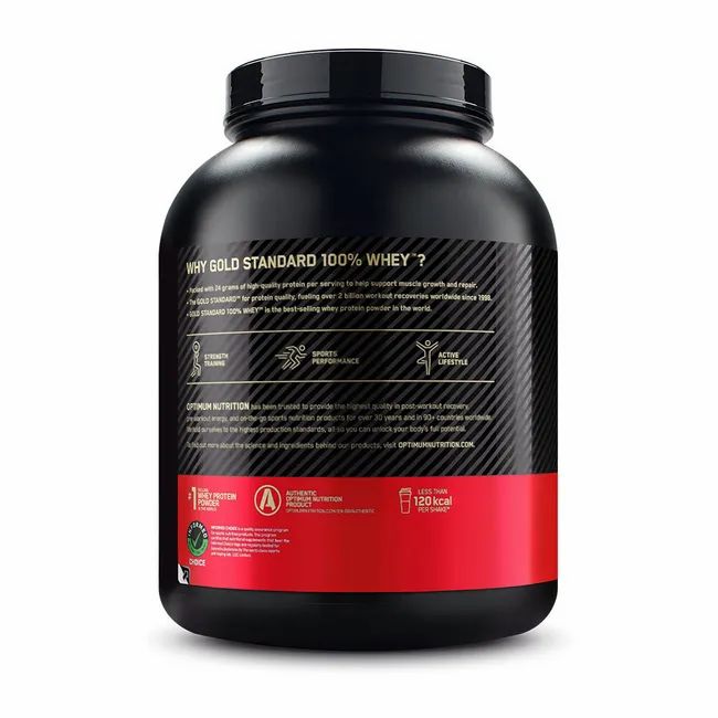 Achterkant van een zwarte container met informatie over "Why Gold Standard 100% Whey?" en iconen.
