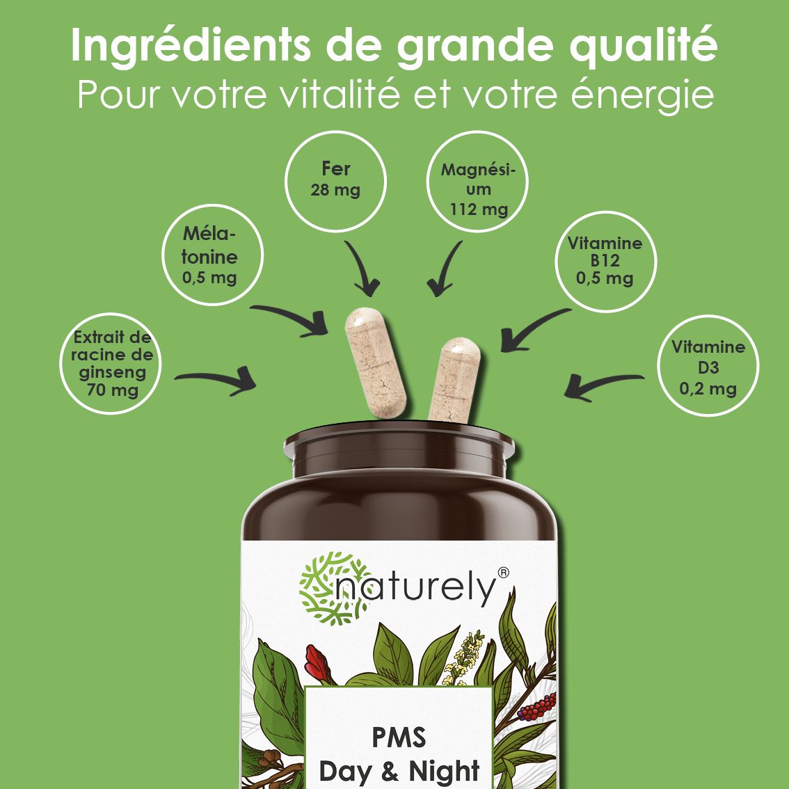 Bouteille avec deux capsules, entourée de cercles montrant des ingrédients comme le fer et le magnésium.