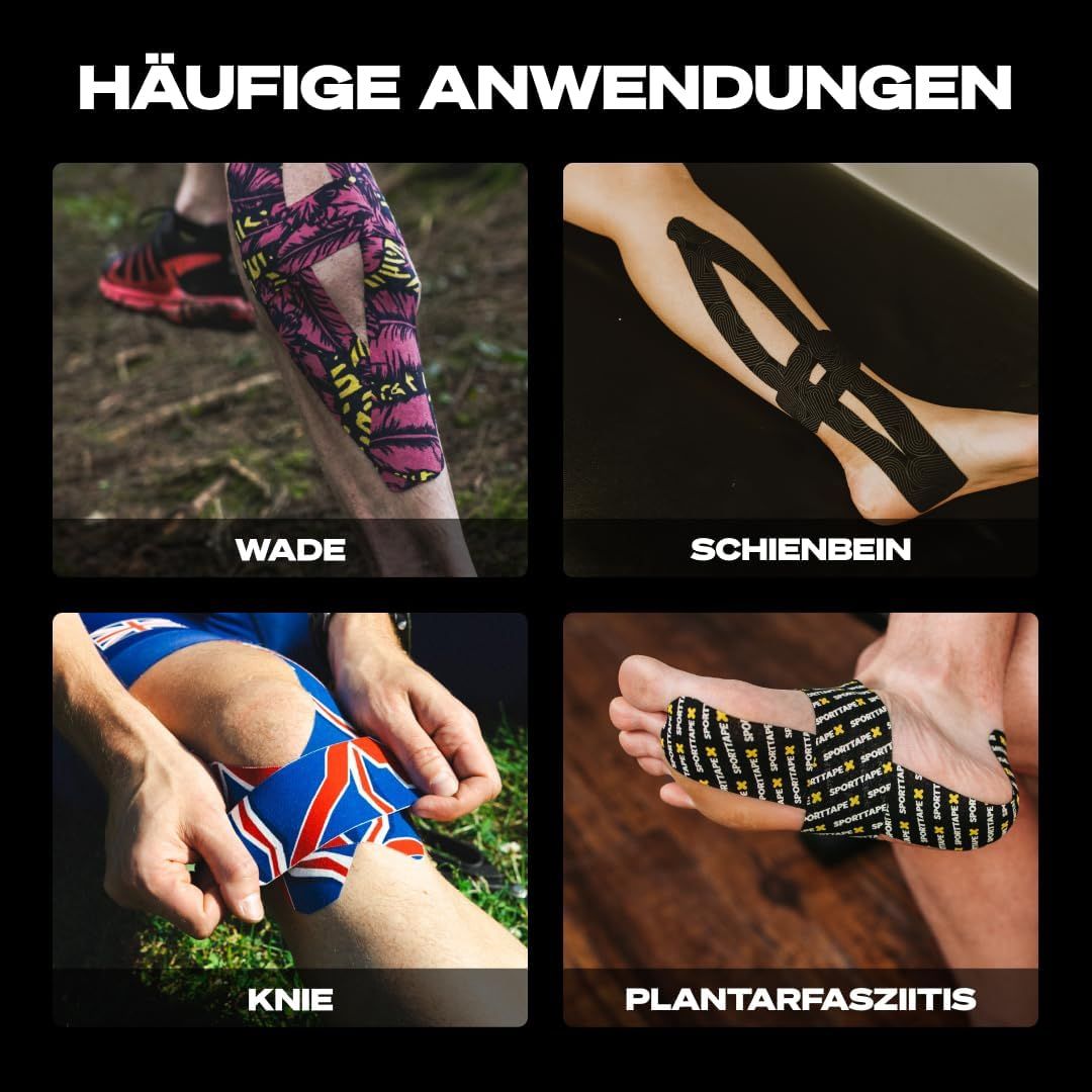 Applications de bande de kinésiologie : mollet, tibia, genou, pied.