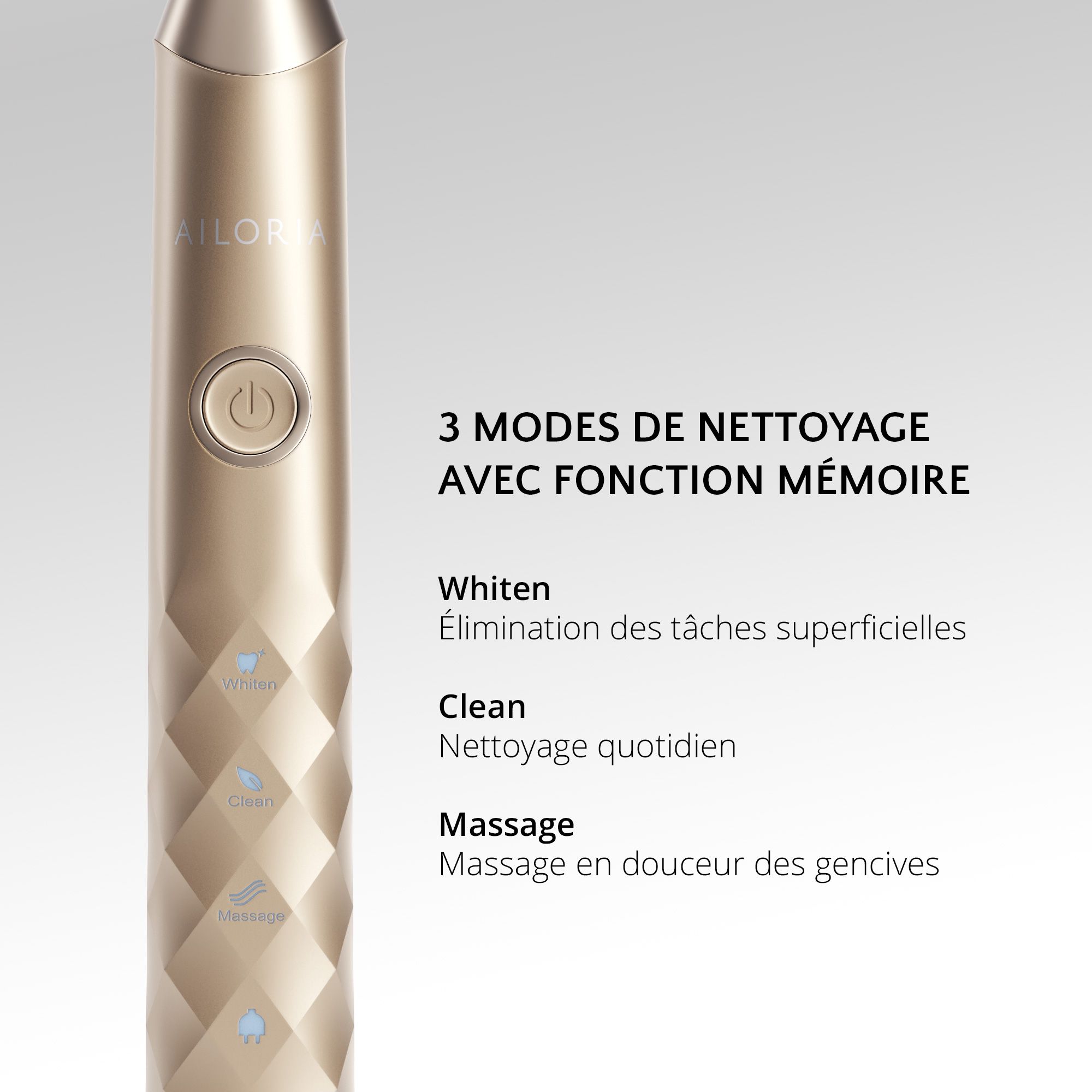 Brosse à dents dorée avec trois modes de nettoyage : Whiten, Clean, Massage. Texte en français.