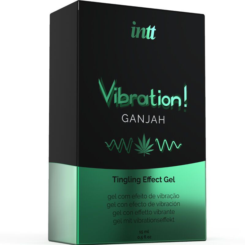 Boîte noire avec bande verte. Texte: INTT, Vibration!, Ganjah, Tingling Effect Gel. Texte multilingue.