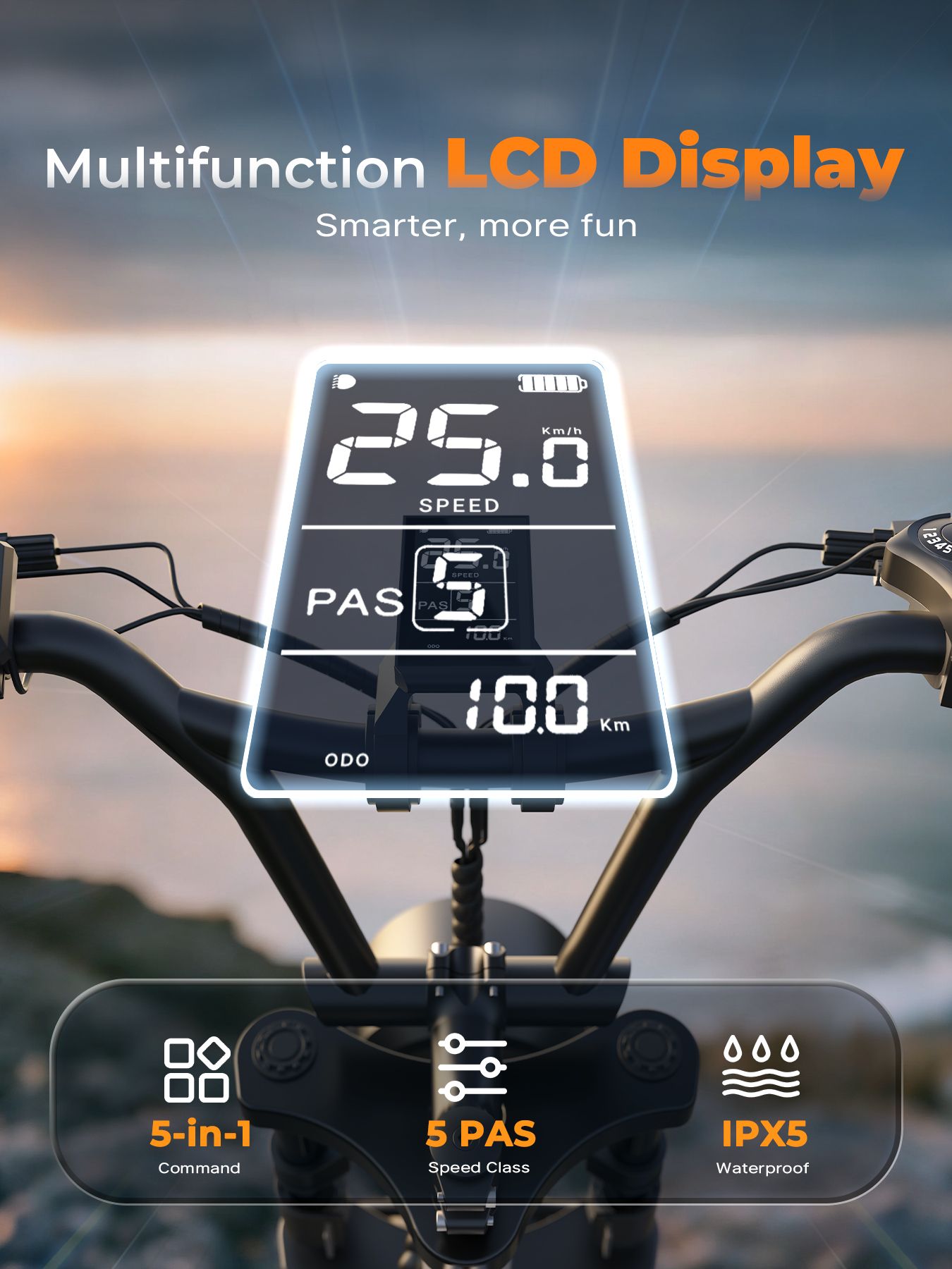 Digitaal multifunctioneel LCD-scherm. Tekst: 25,0 km/h, PAS, 10,0 km, 5-in-1 Command, 5 PAS Speed Class, IPX5 Waterproof.