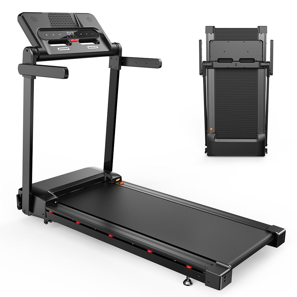 Tapis de course noir pliable. Console avec commandes. Présenté en position verticale et pliée.