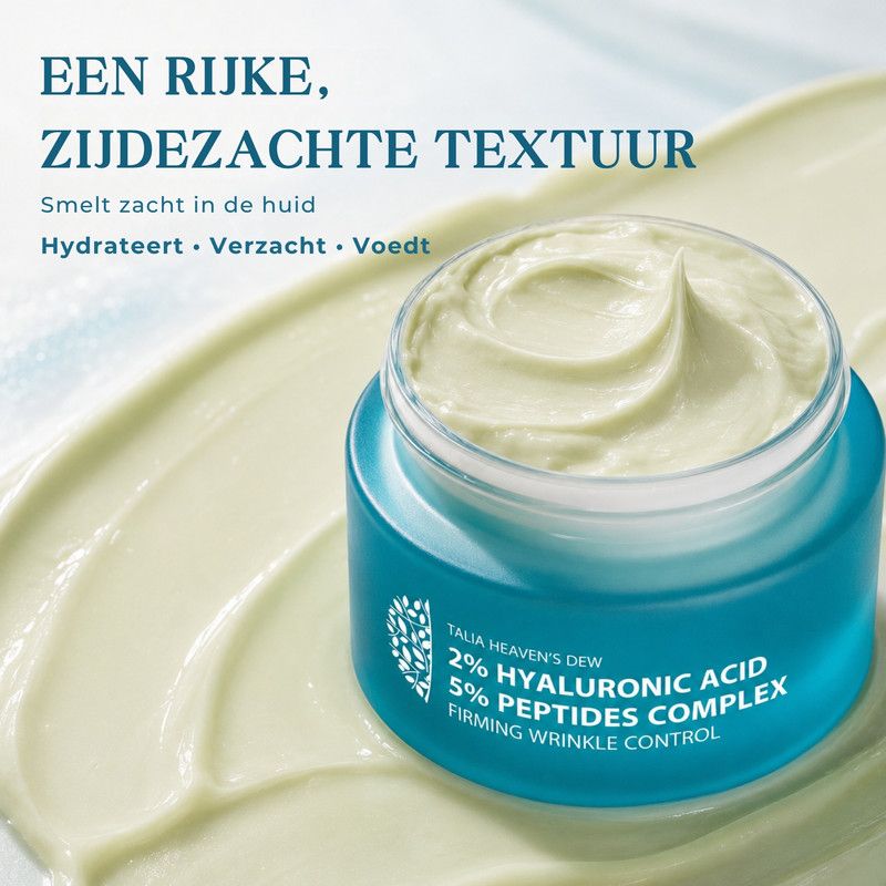 Een potje crème met hyaluronzuur en peptidecomplex, met vermelding van 50 ml.