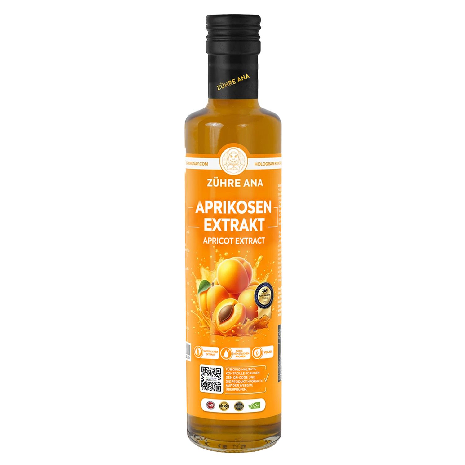 Bouteille d'extrait d'abricot, étiquette avec fruits et texte.