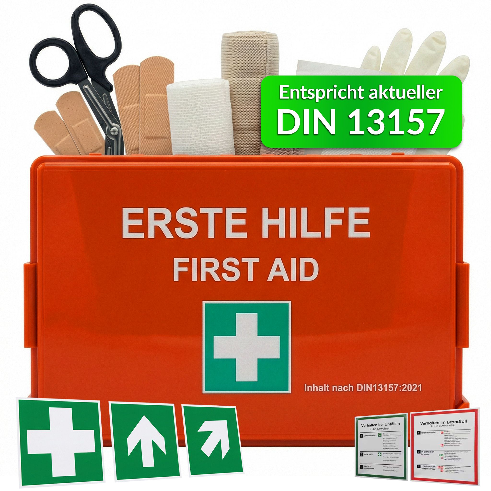 Trousse de premiers secours rouge avec contenu, ciseaux, pansements, bandage, gants. Conforme DIN 13157.