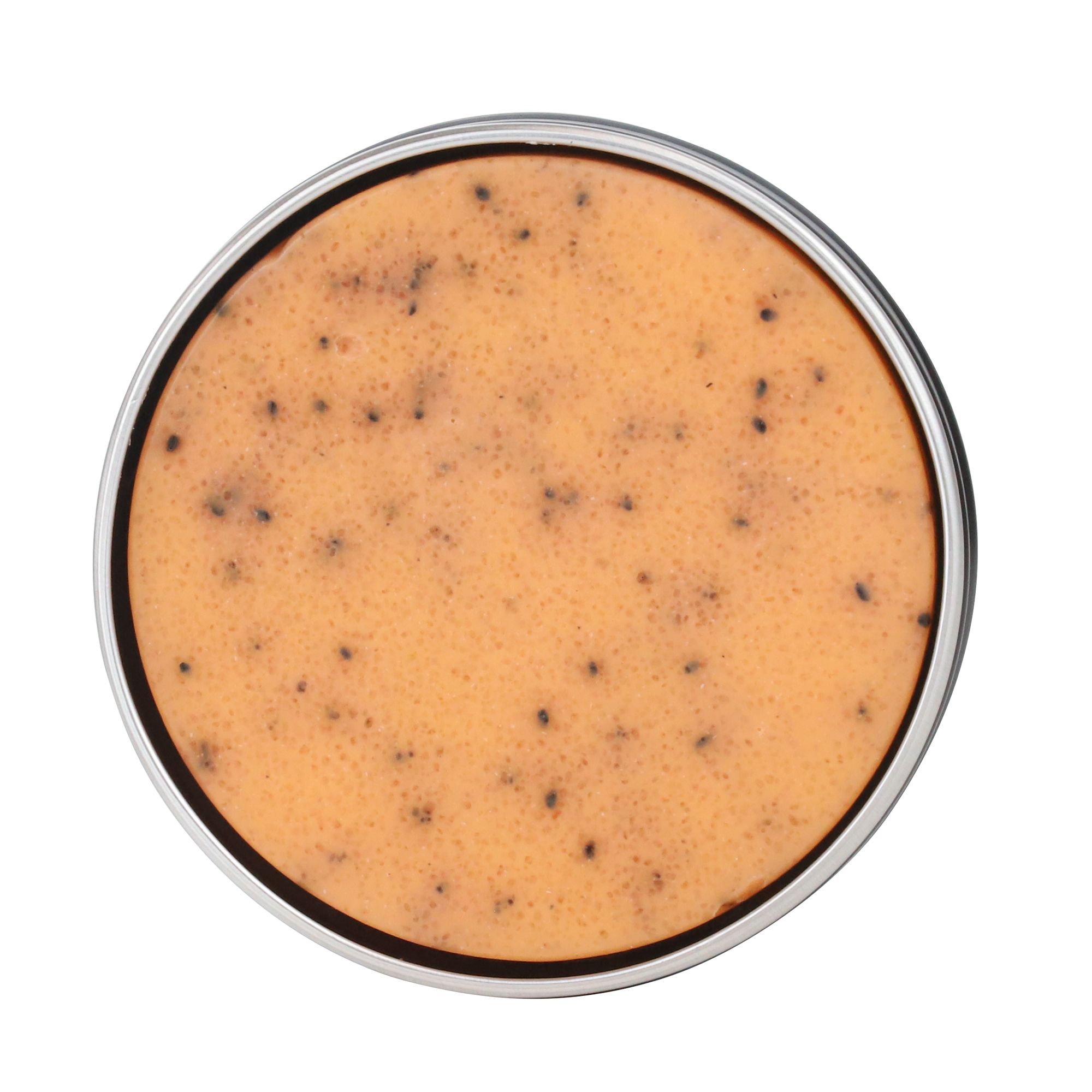 Gommage corporel à la fraise dans une boîte ronde. Gommage orange avec points noirs. Bord argenté.