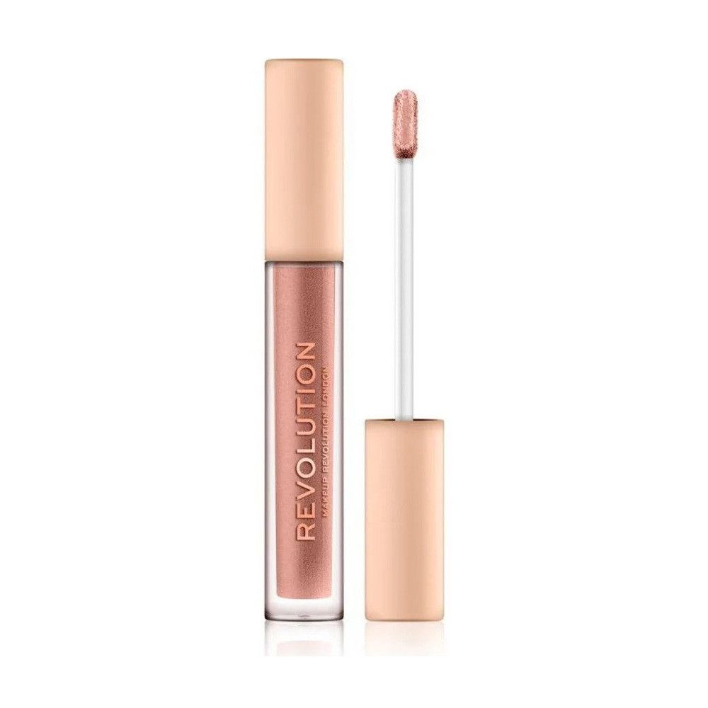 Fard à paupières liquide avec applicateur. Le flacon est transparent avec un contenu rose et un couvercle beige. "REVOLUTION" est visible.