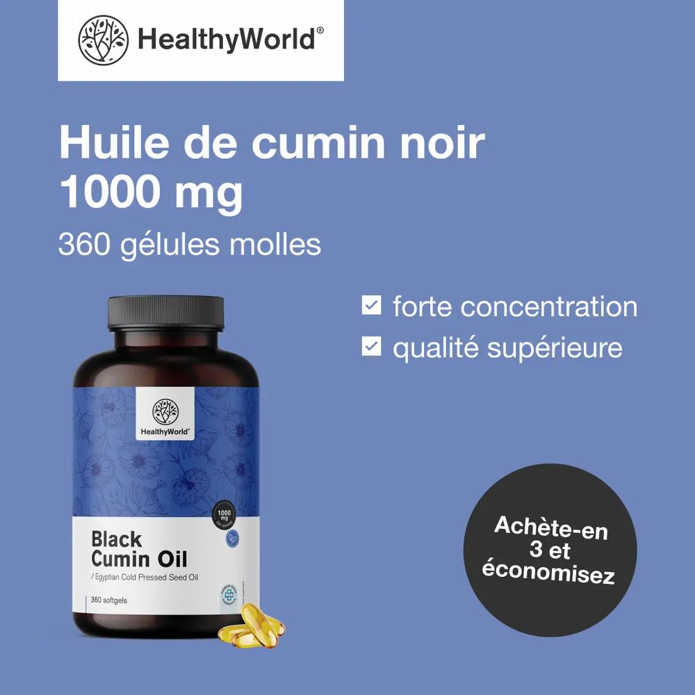 Flacon de produit avec gélules. Texte: Huile de cumin noir 1000 mg, 360 gélules molles. Cases à cocher: forte concentration, qualité supérieure. Offre.